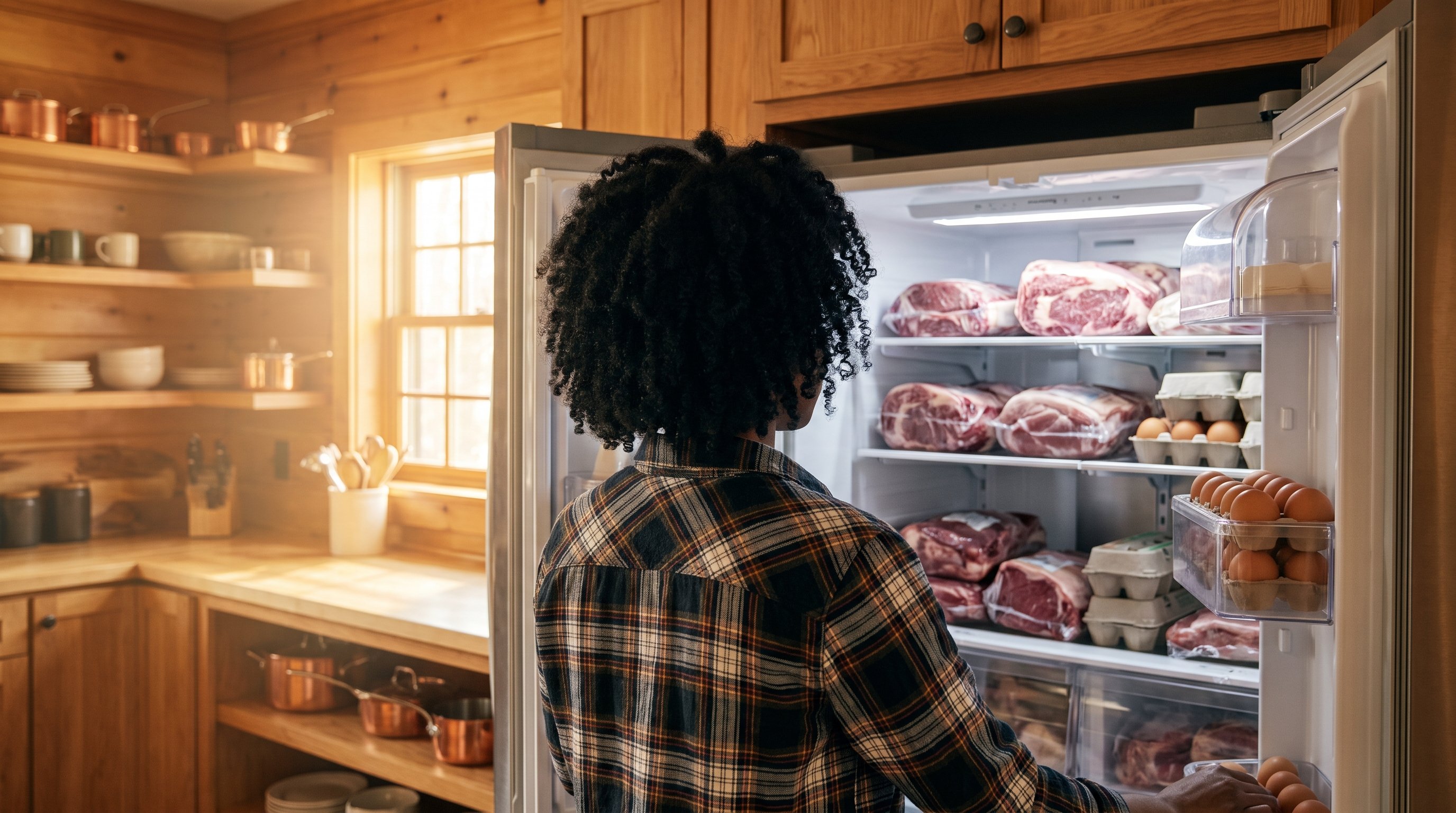 person packing meat and eggs into a fridge