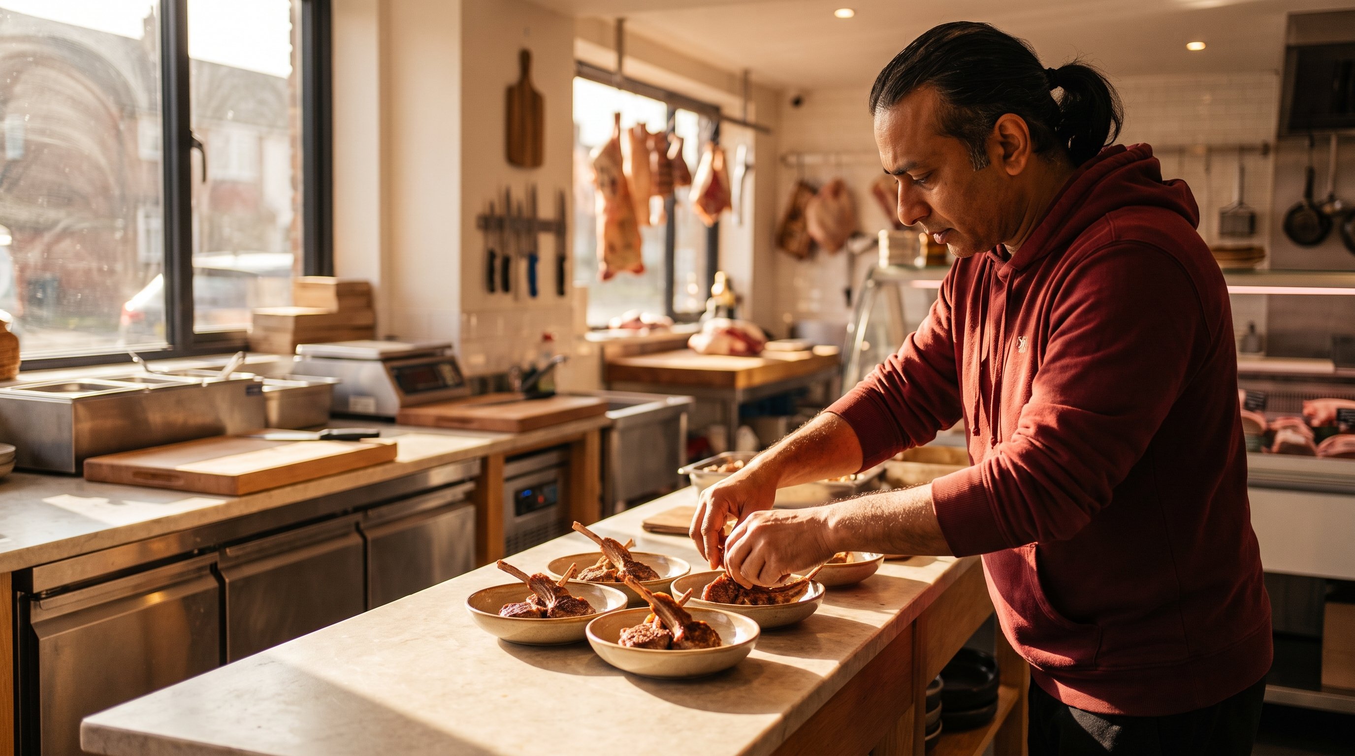A man in his 40s in a casual flannel shirt cooking in a warm wood kitchen