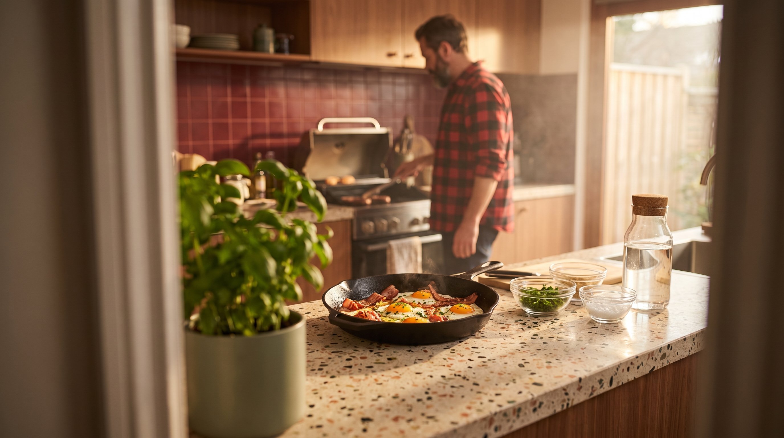 Pan-fried eggs with crispy bacon on a backyard wooden table