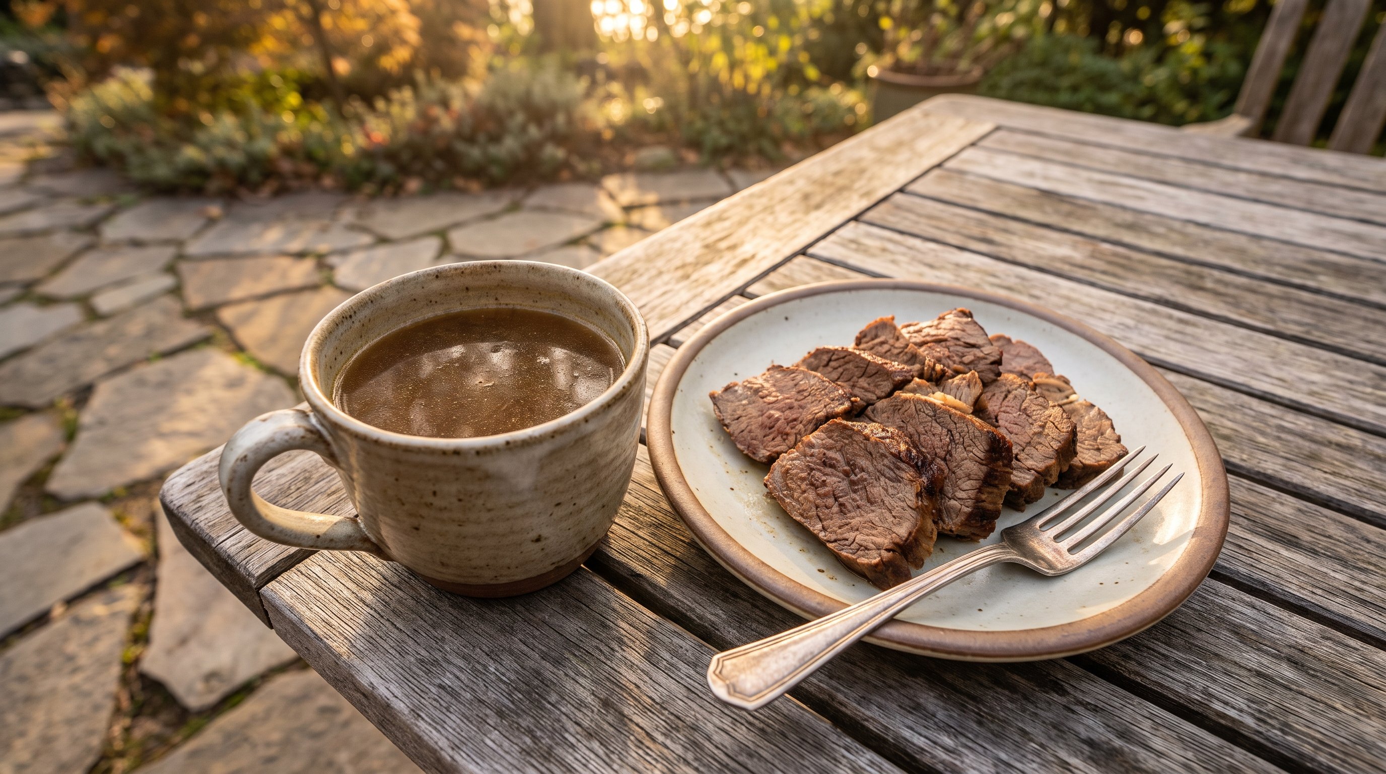 mug of bone broth next to a bowl of cooked beef