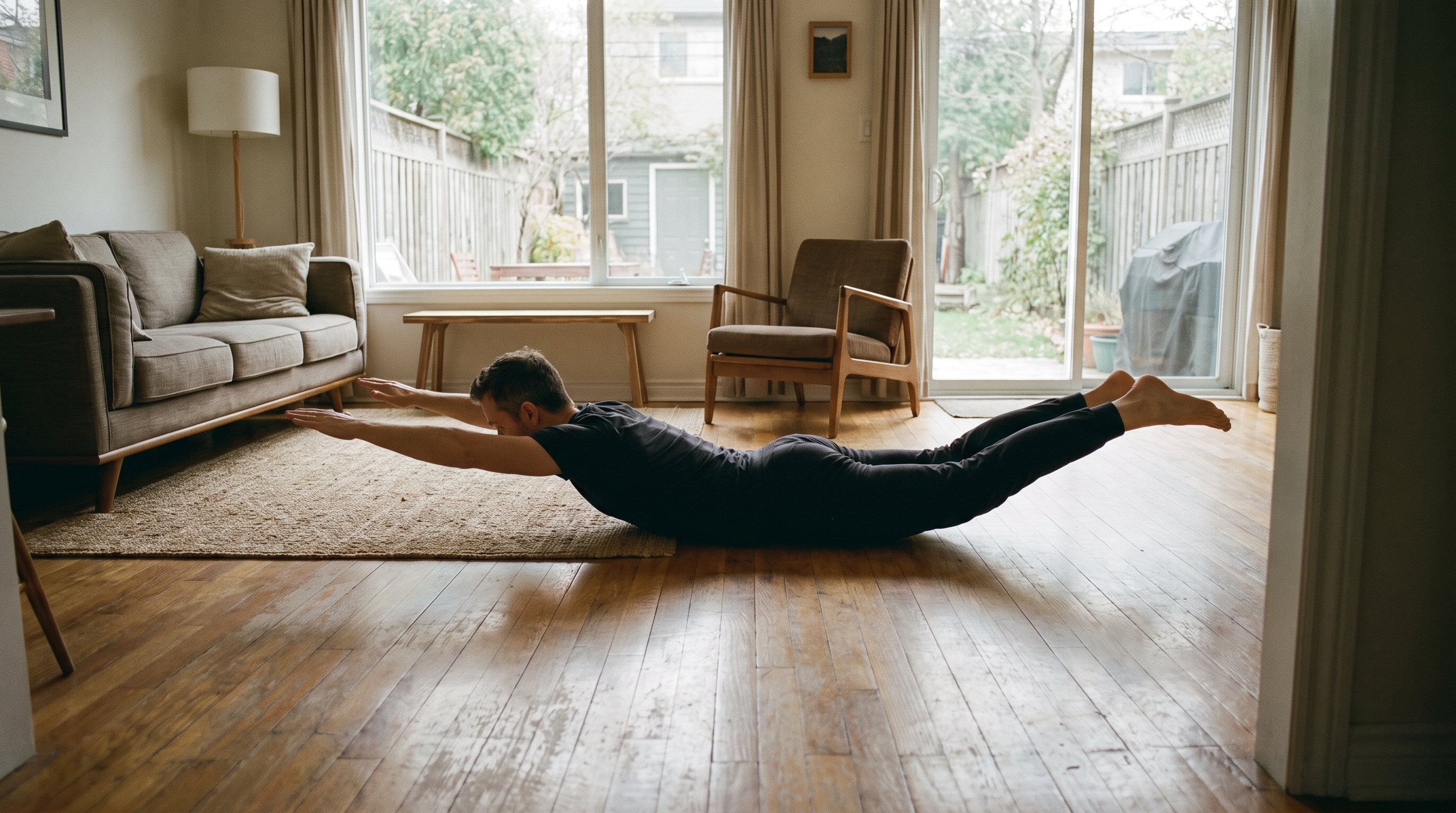 Man doing superman back extensions on a living room floor