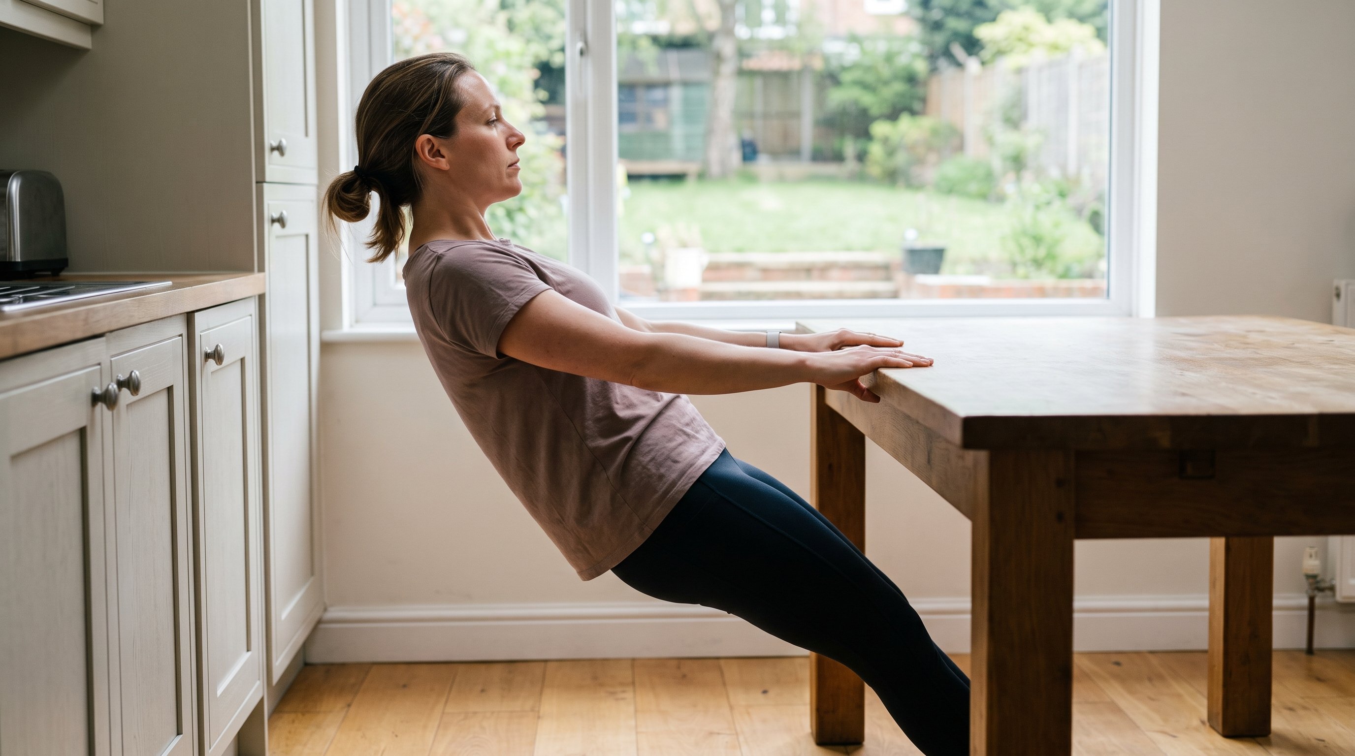 Woman doing inverted rows using a sturdy table edge at home