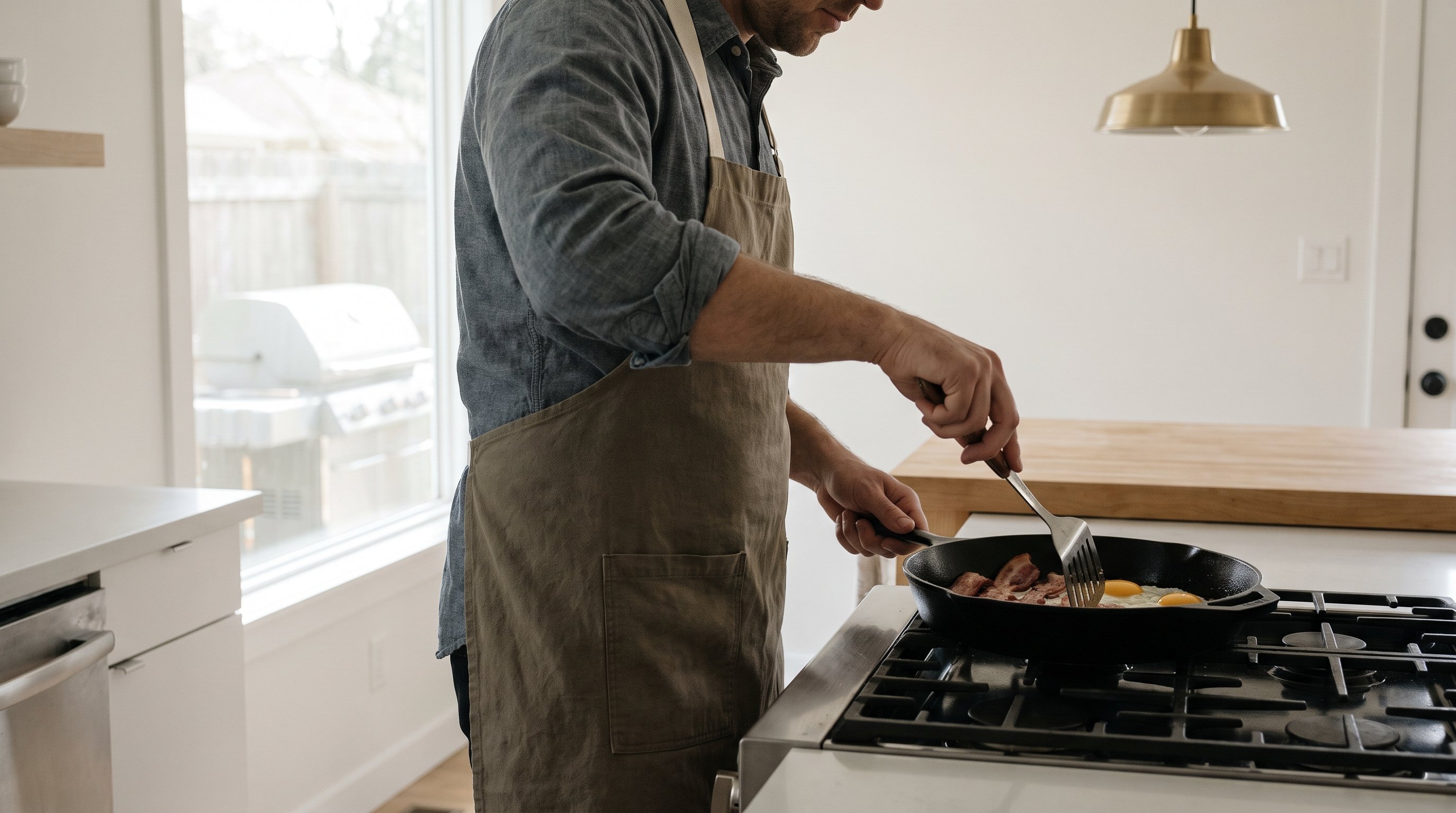 person preparing eggs and bacon in a home kitchen
