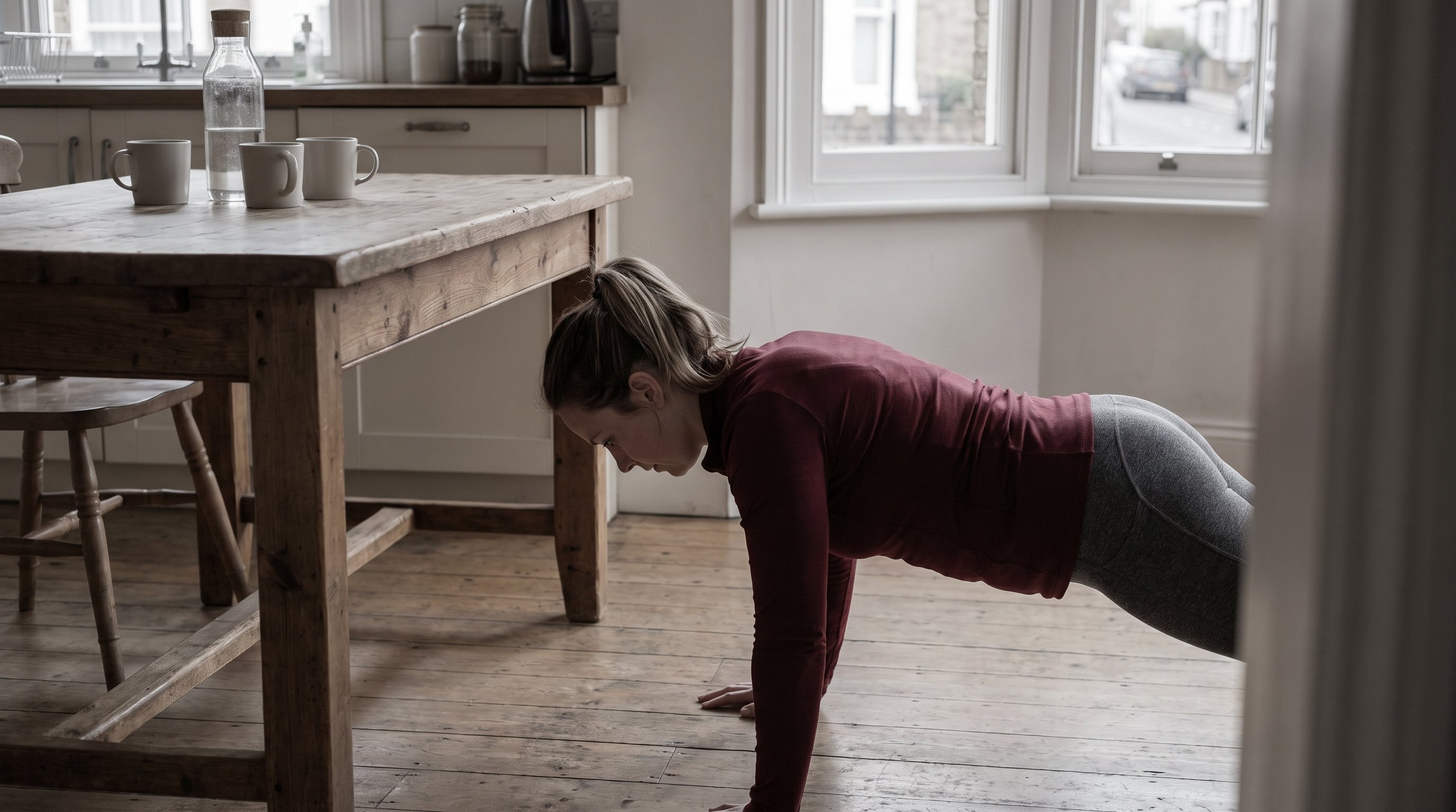 person doing a press-up on a kitchen floor