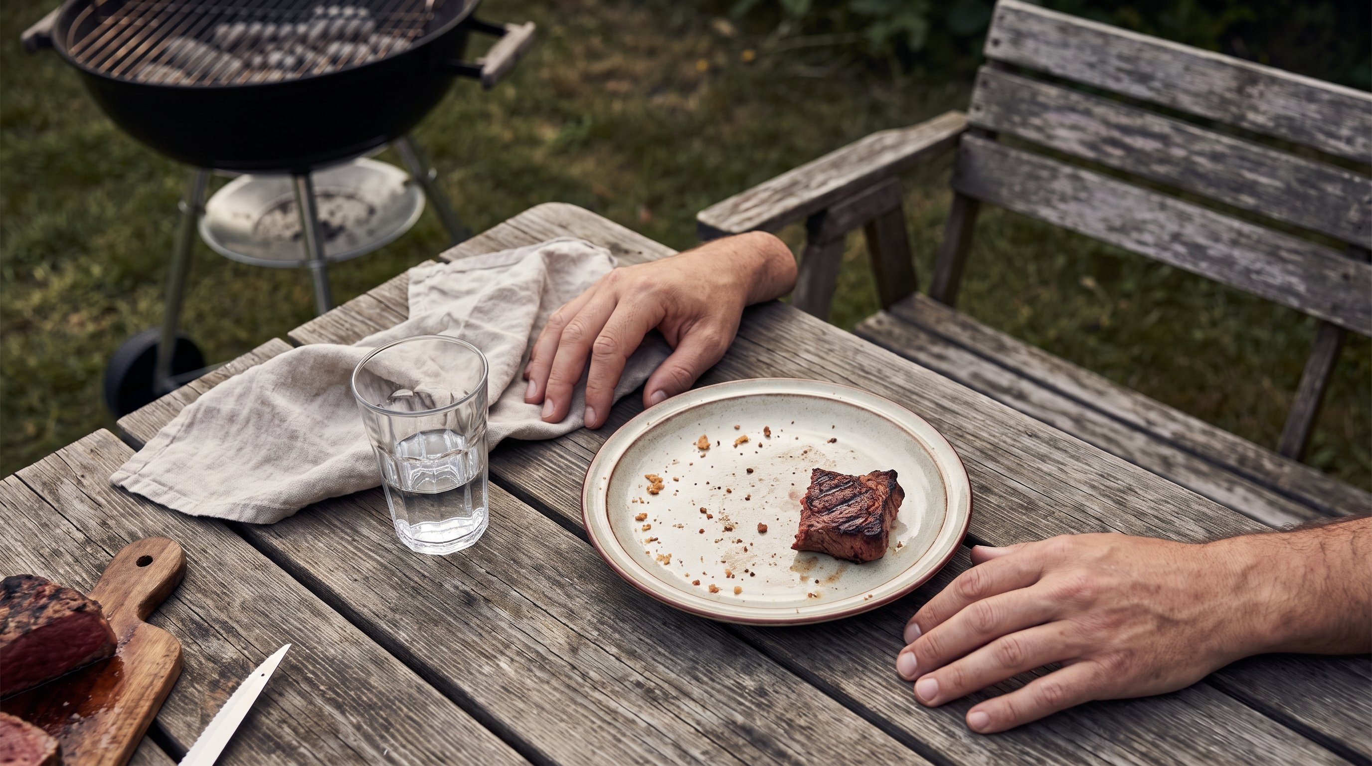 A man in his late 30s relaxing with a glass of water after a meal at a backyard wooden table