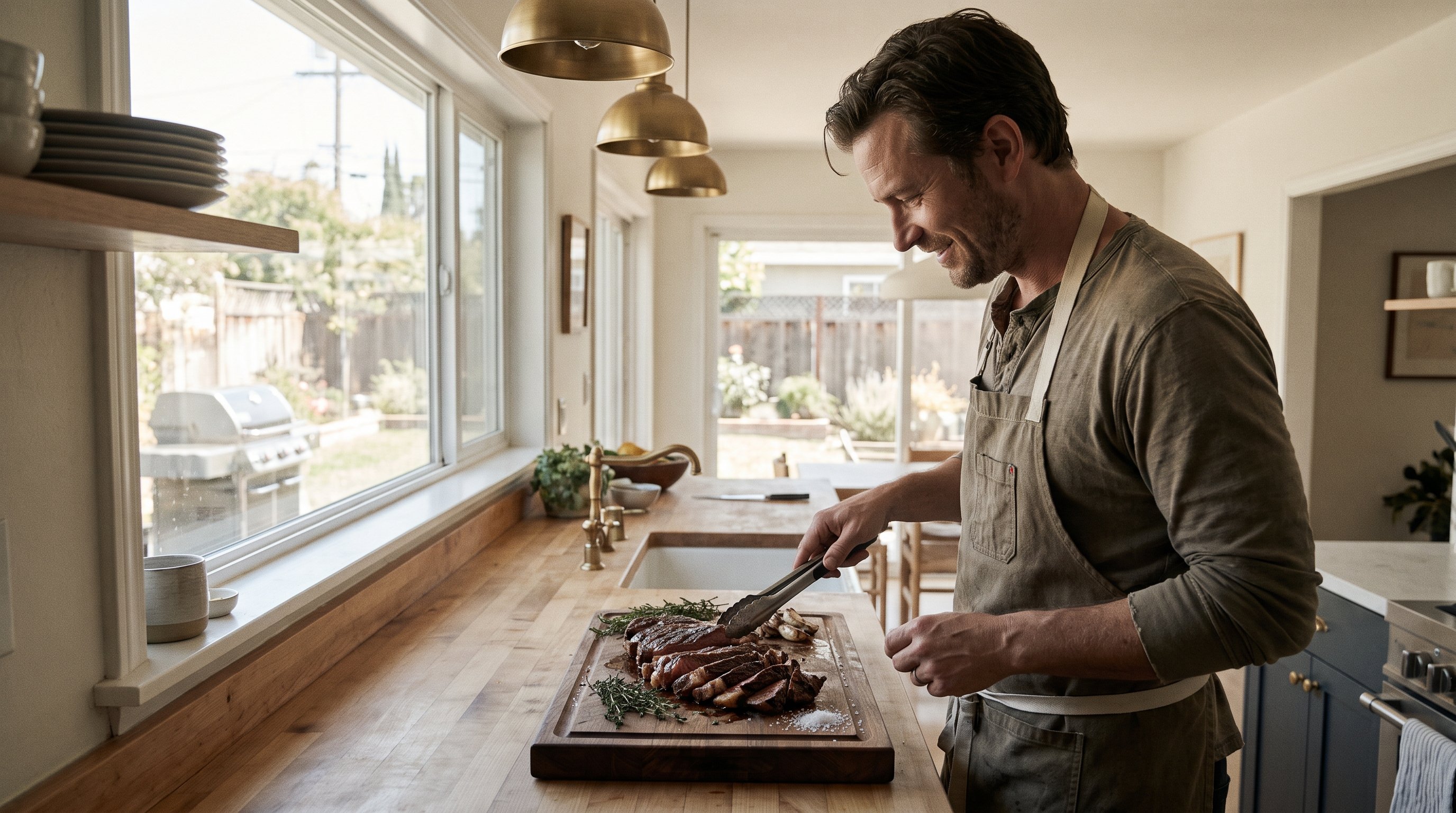 A man in his late 30s smiling while cooking a sliced grilled steak on a board in a warm home kitchen