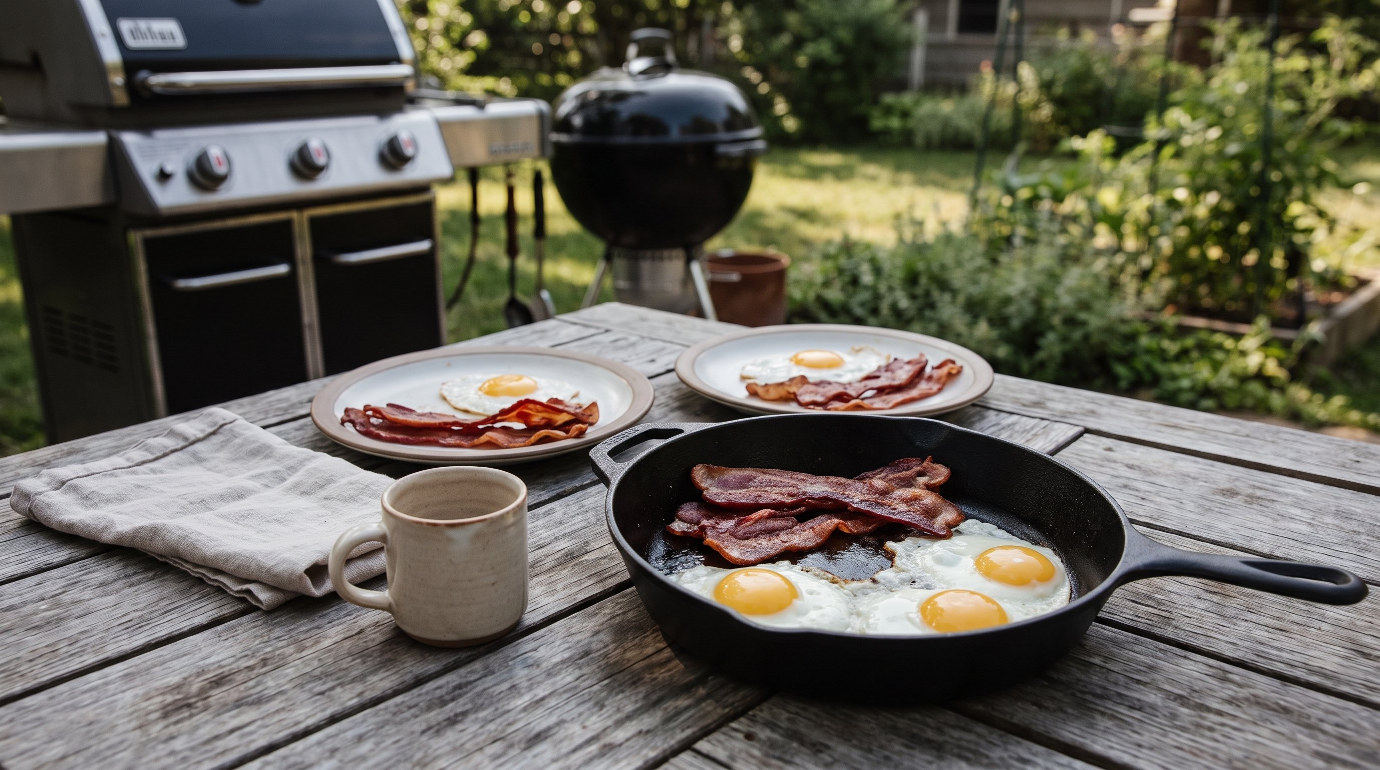 Pan-fried eggs and bacon served on a backyard wooden table