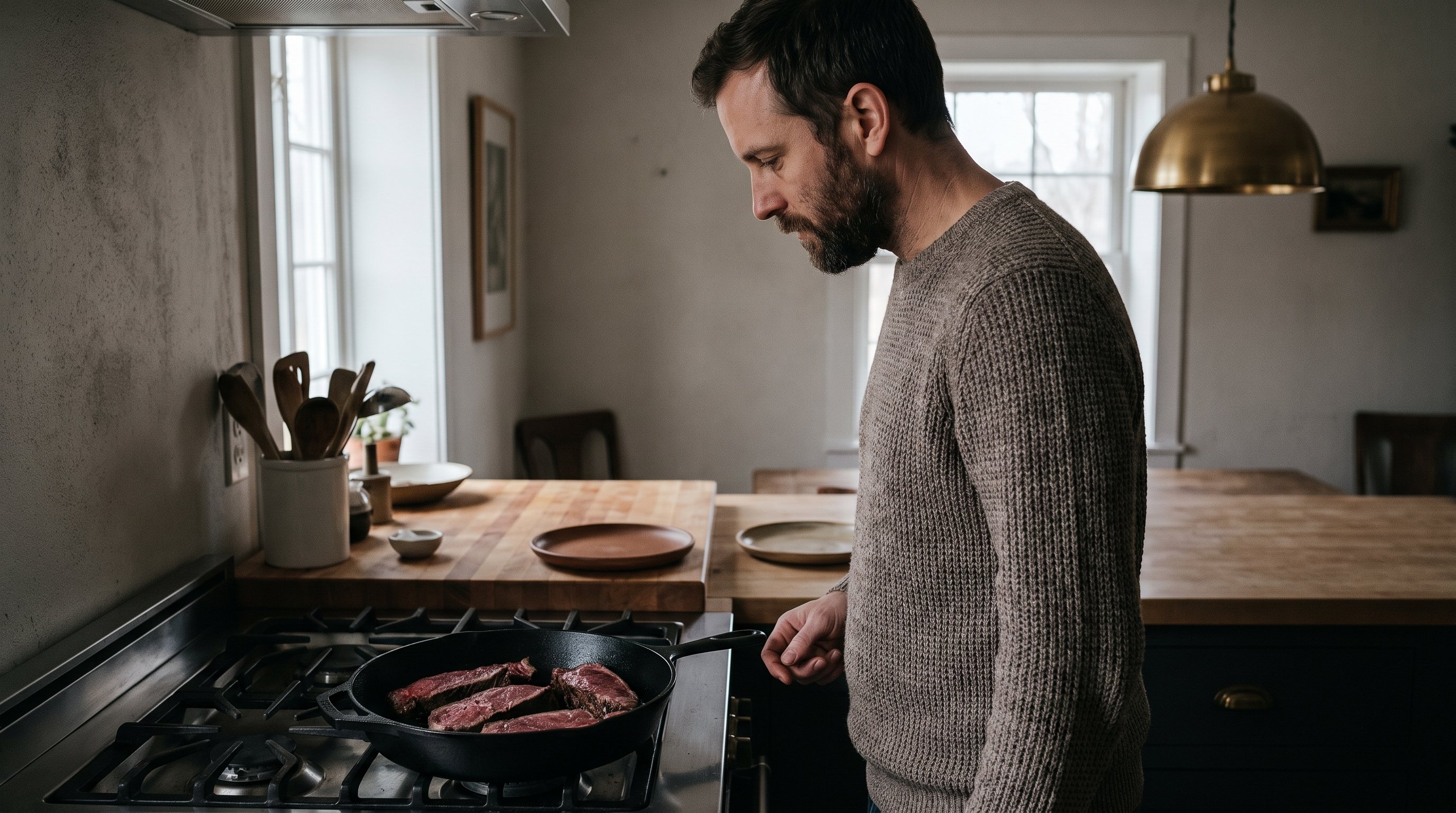 person reheating leftover steak in a frying pan in the morning
