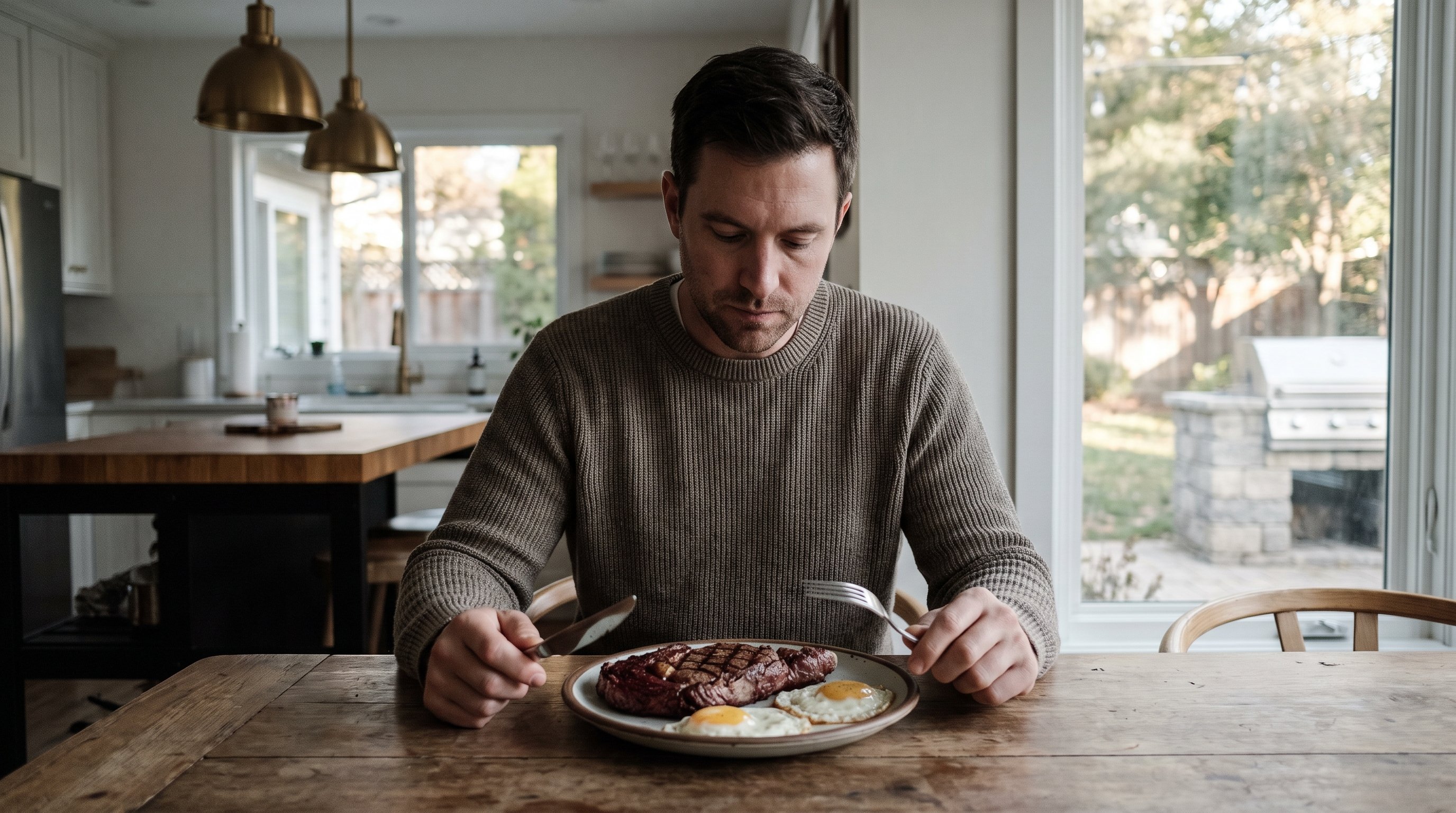 Grilled steak and fried eggs on a plate at a kitchen table
