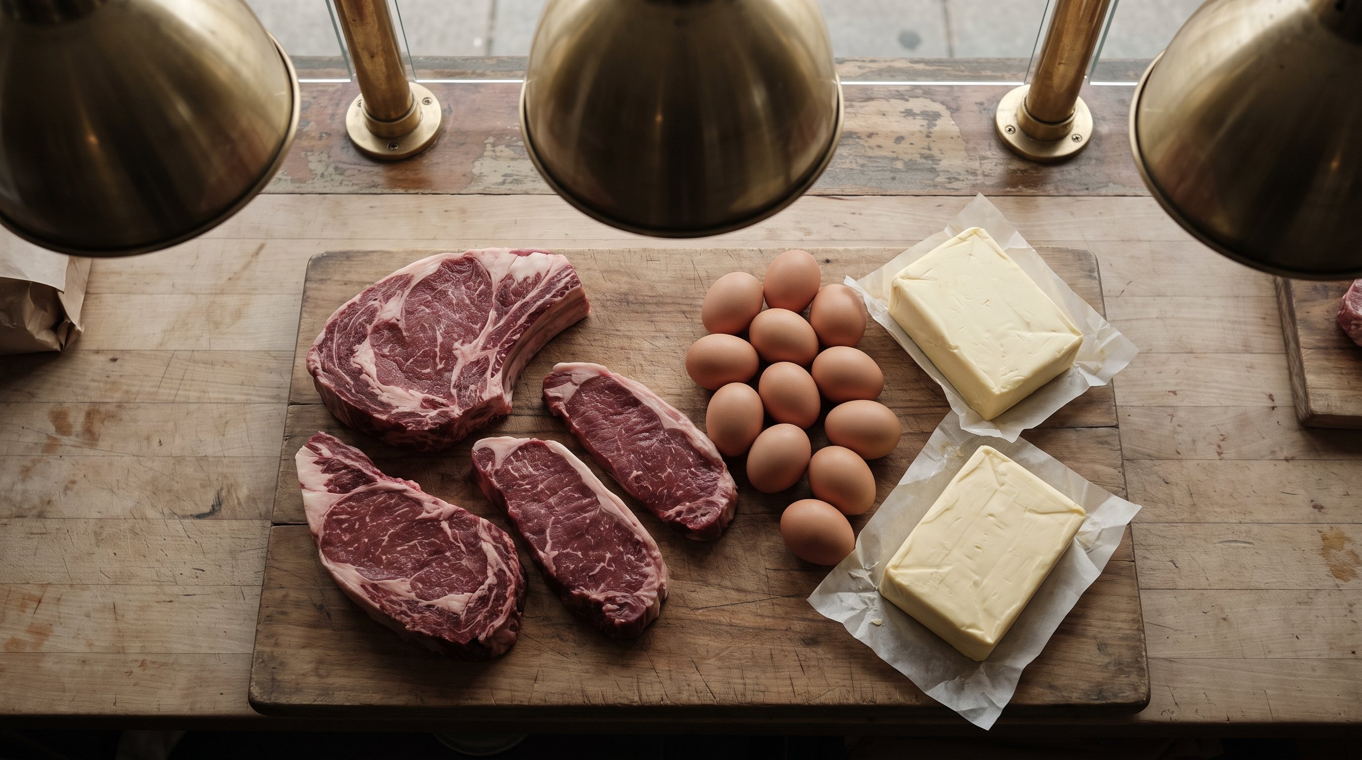 Cuts of beef, eggs and butter arranged on a wooden board