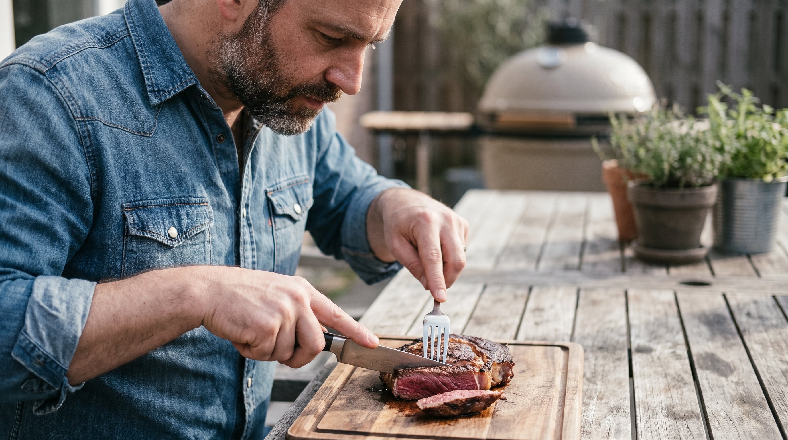 A man in his late 30s eating a sliced grilled steak on a board at a backyard wooden table