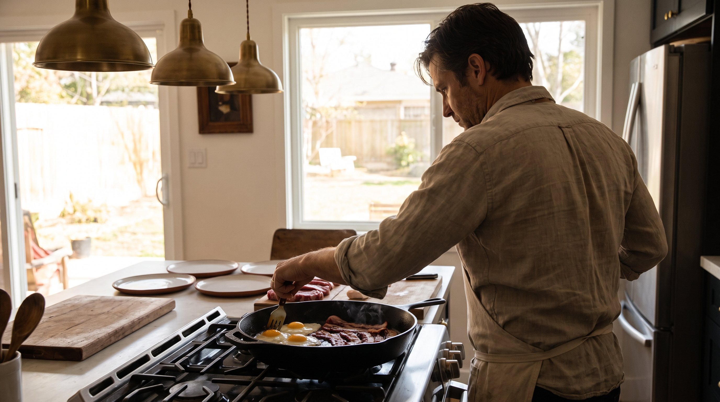 A man in his late 30s preparing pan-fried eggs and bacon in a warm home kitchen