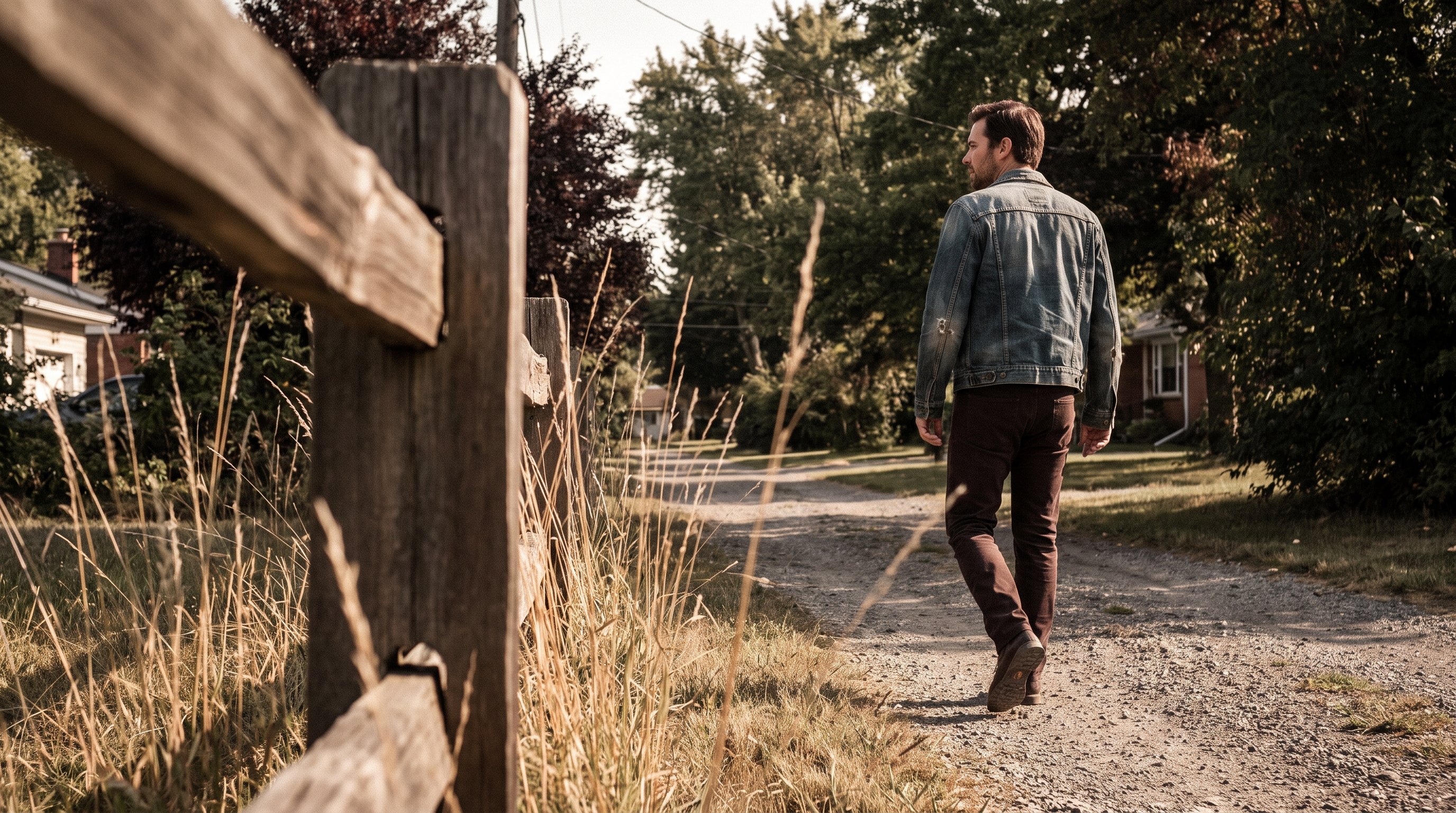 A man in his late 30s walking outdoors on a sunny neighbourhood path