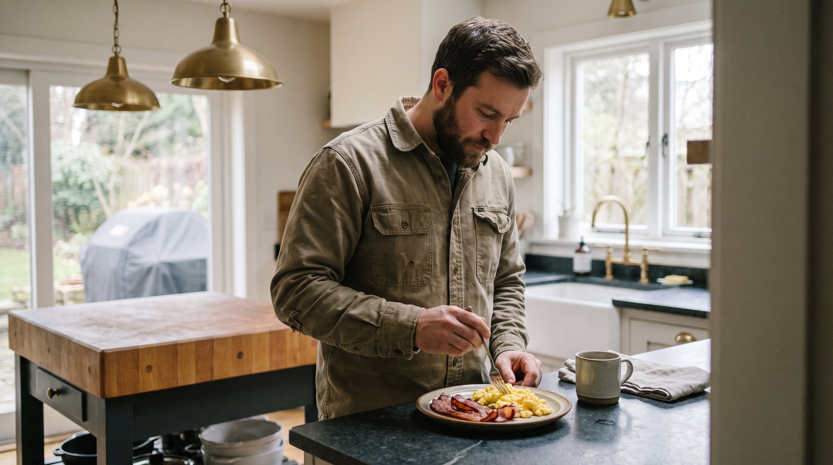 plate of scrambled eggs and bacon on a kitchen counter