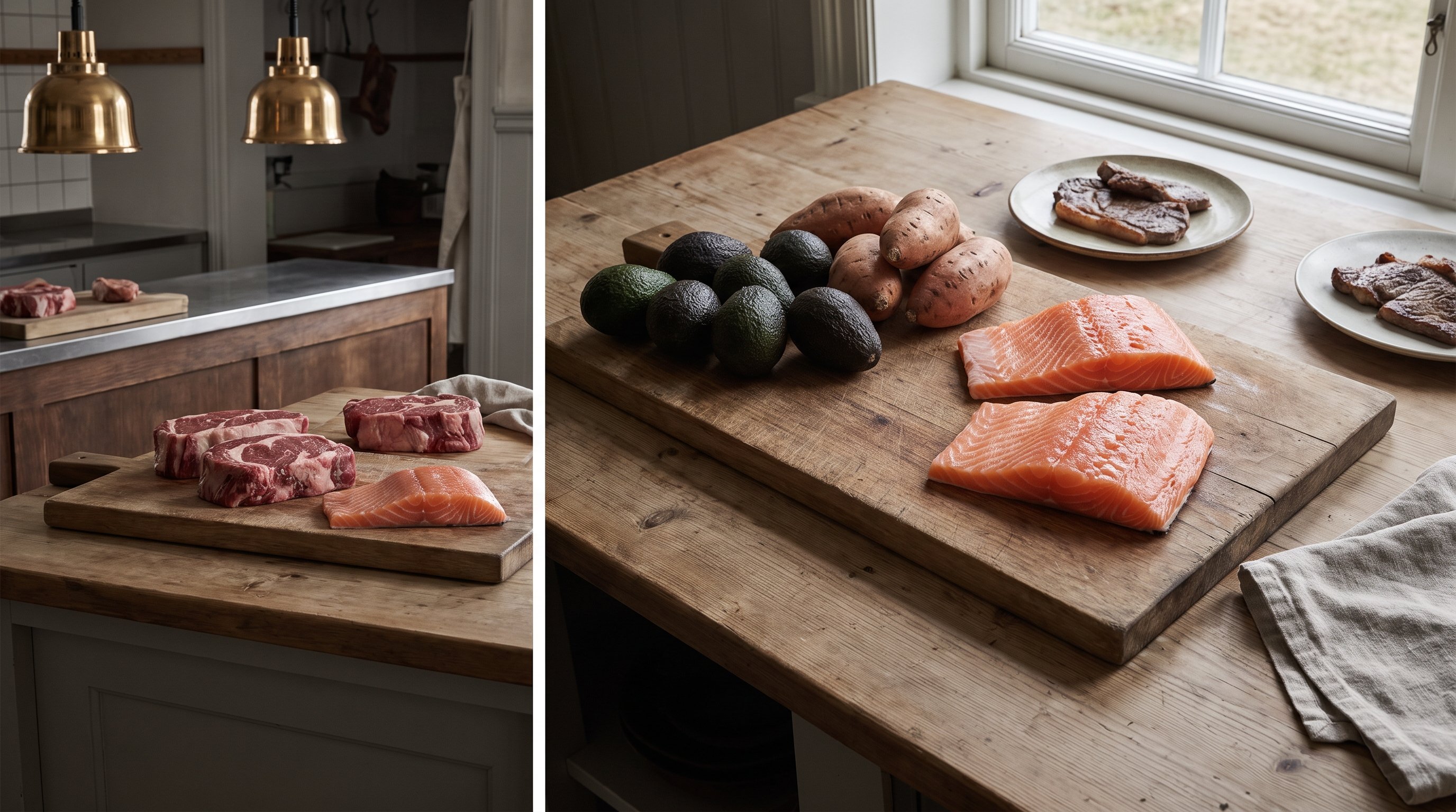 assorted meat, fish and vegetables on a kitchen counter