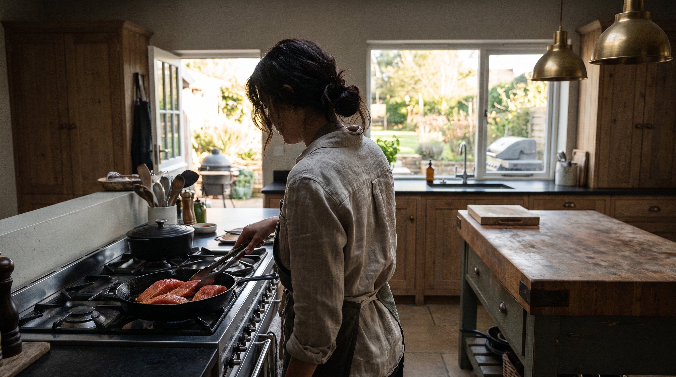 person grilling salmon fillets on a stovetop pan
