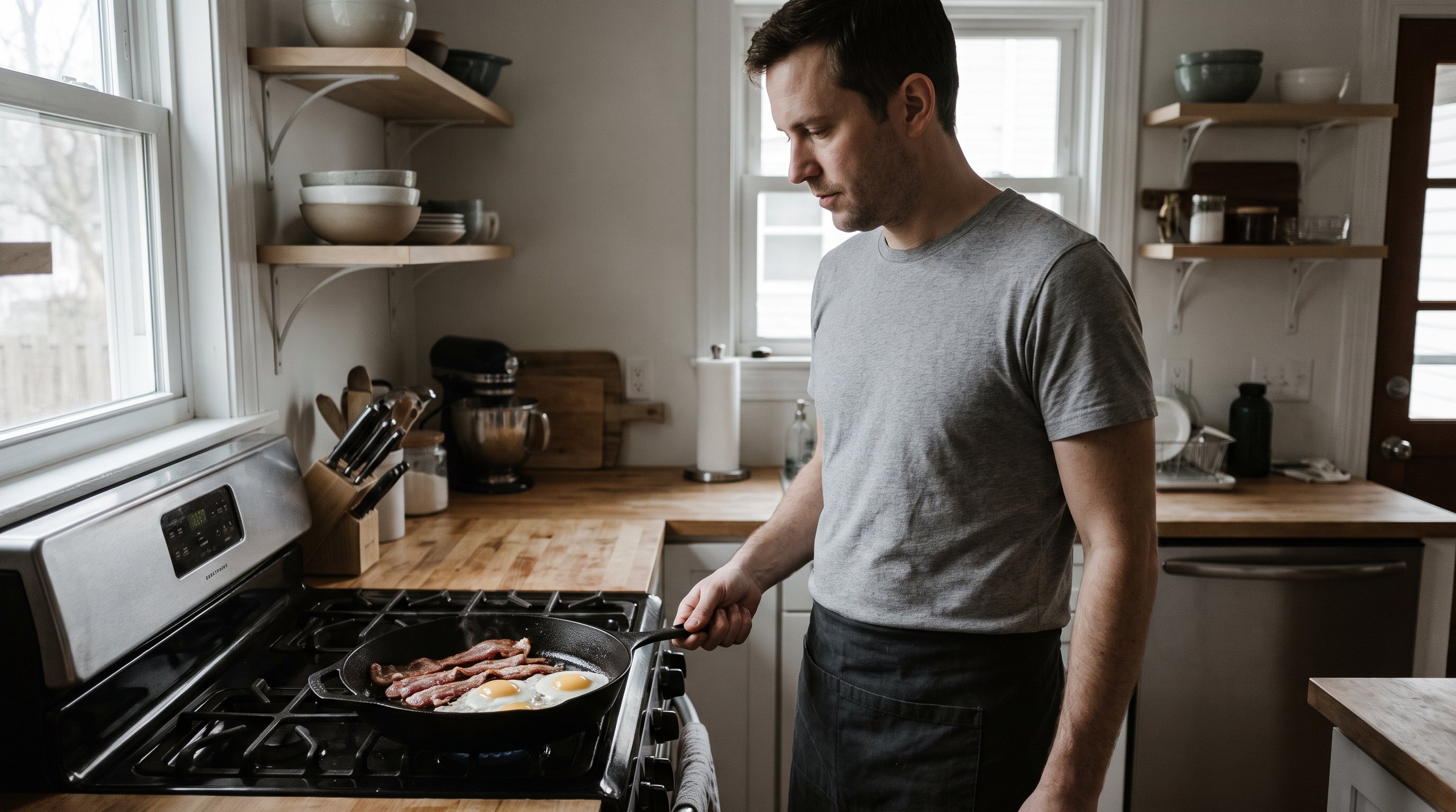 person frying bacon and eggs in a kitchen pan