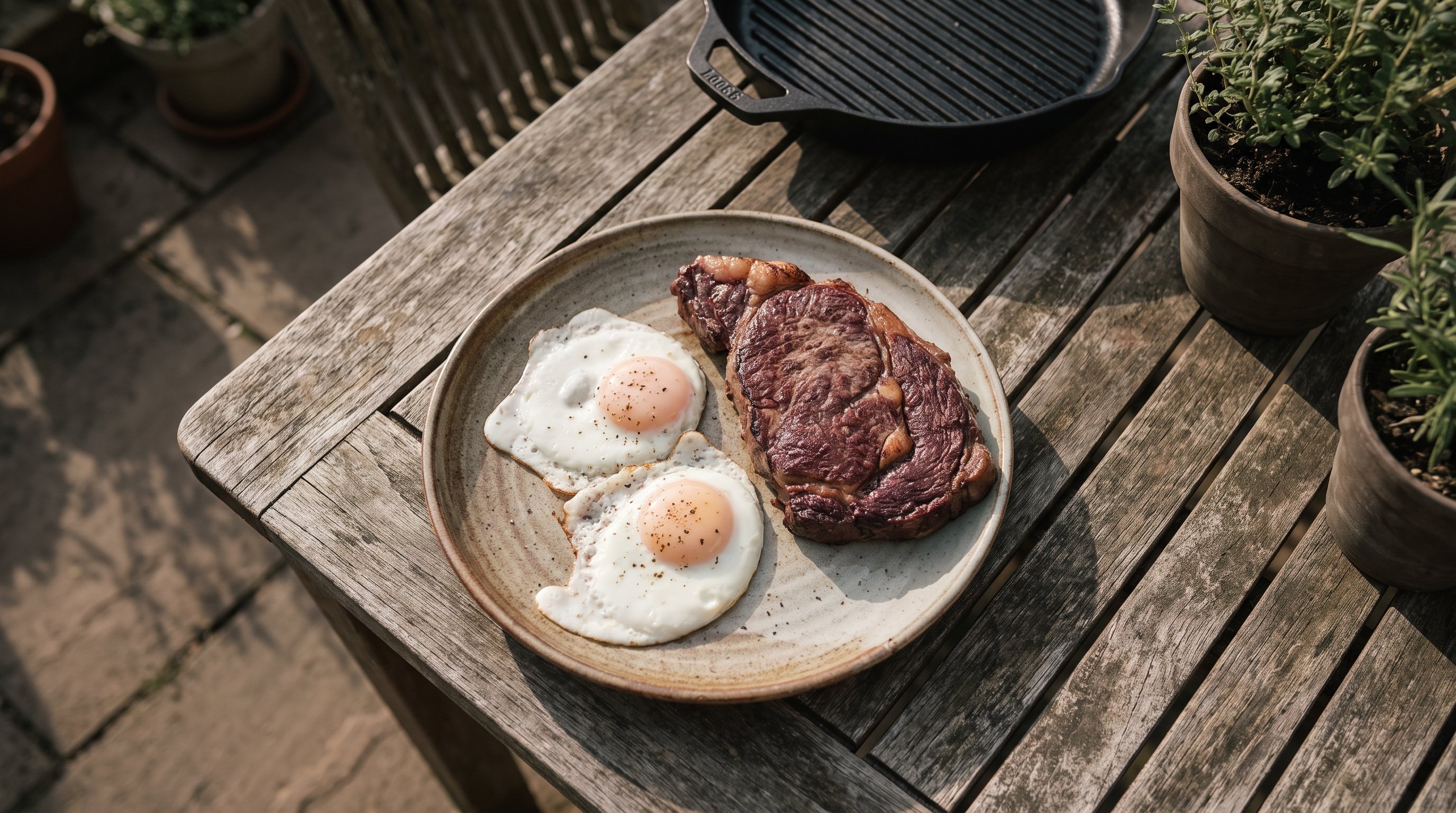 eggs and steak on a breakfast plate
