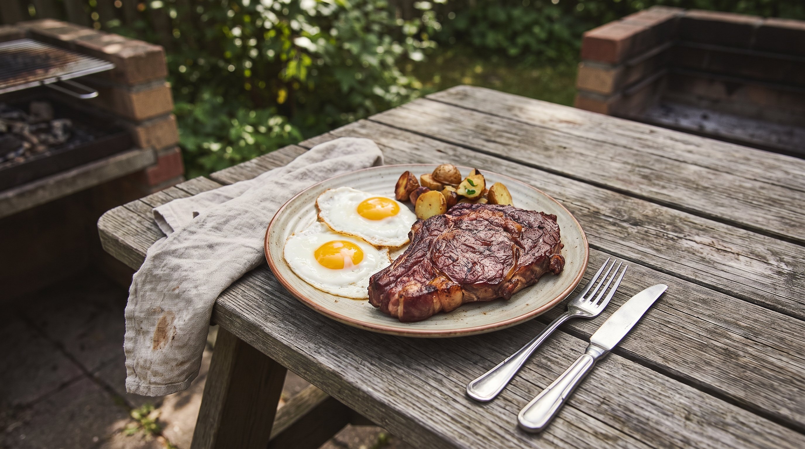 grilled steak and eggs plated for dinner