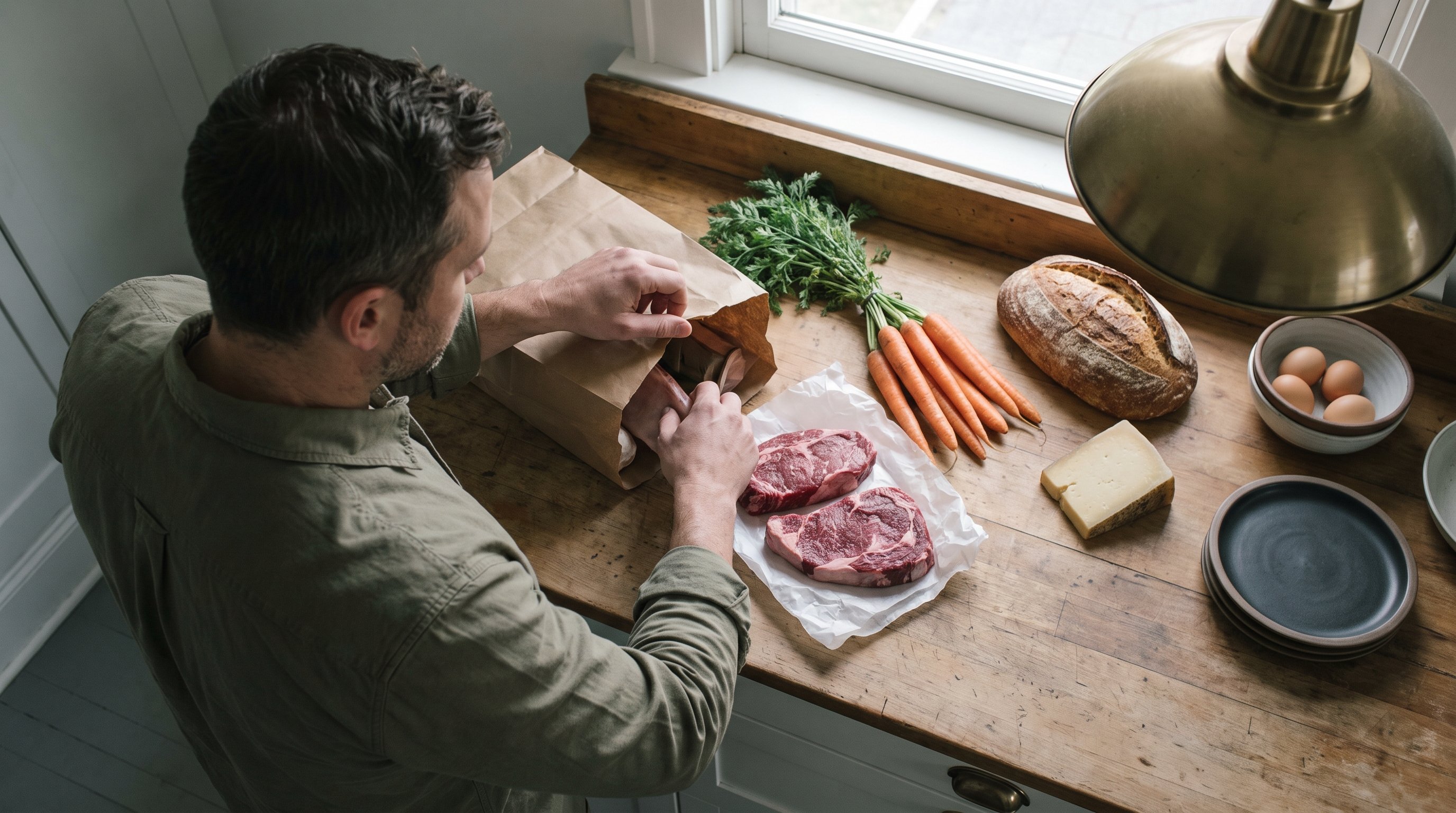 A man in his late 30s putting groceries away in a warm home kitchen
