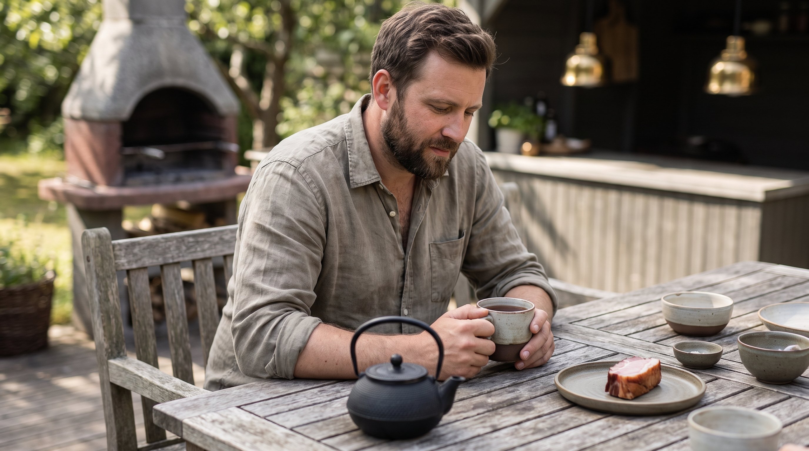 A man in his late 30s sitting calmly at a backyard wooden table with a cup of tea
