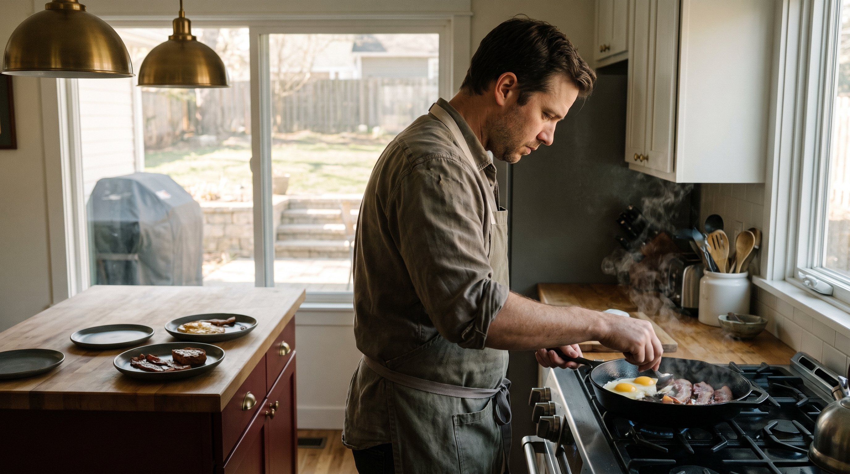 A man in his late 30s preparing pan-fried eggs and bacon in a warm home kitchen