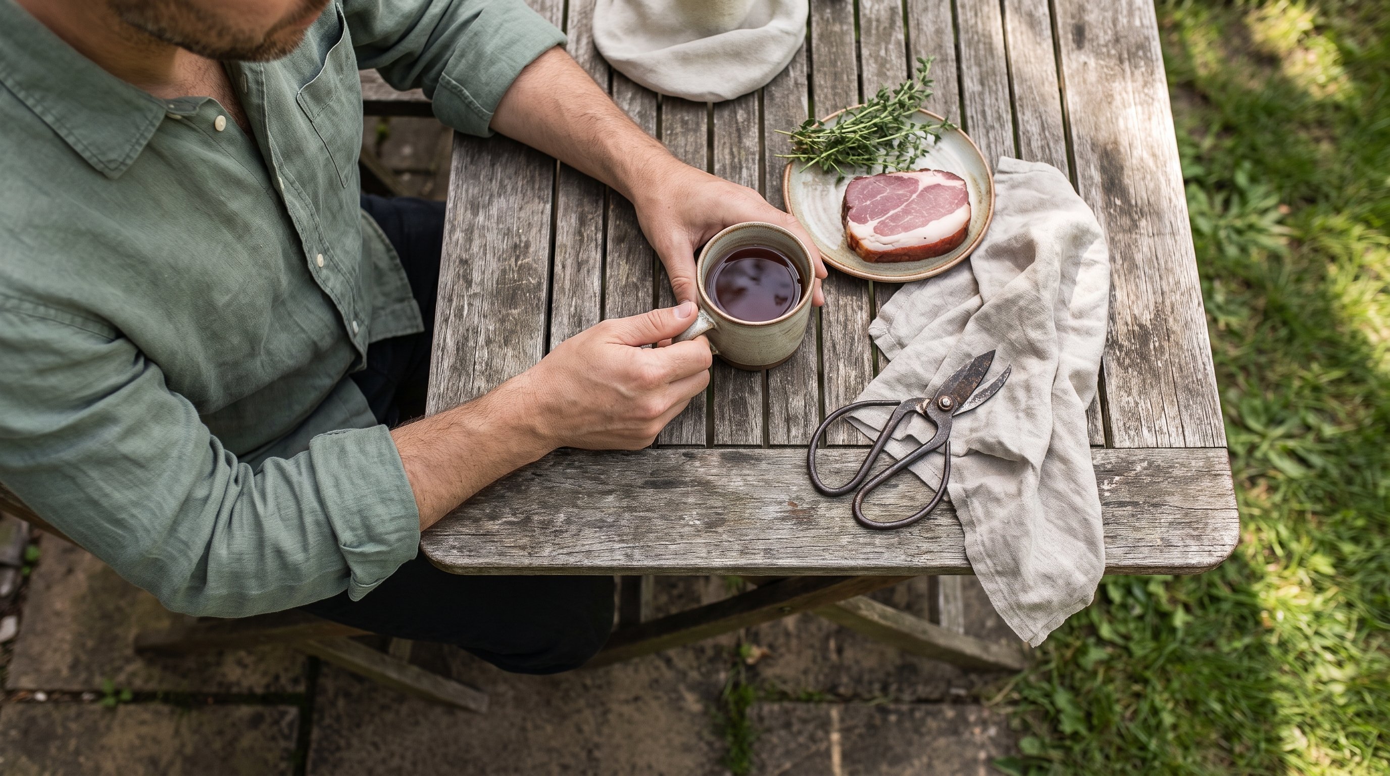 A man in his late 30s sitting at a backyard wooden table with a cup of tea