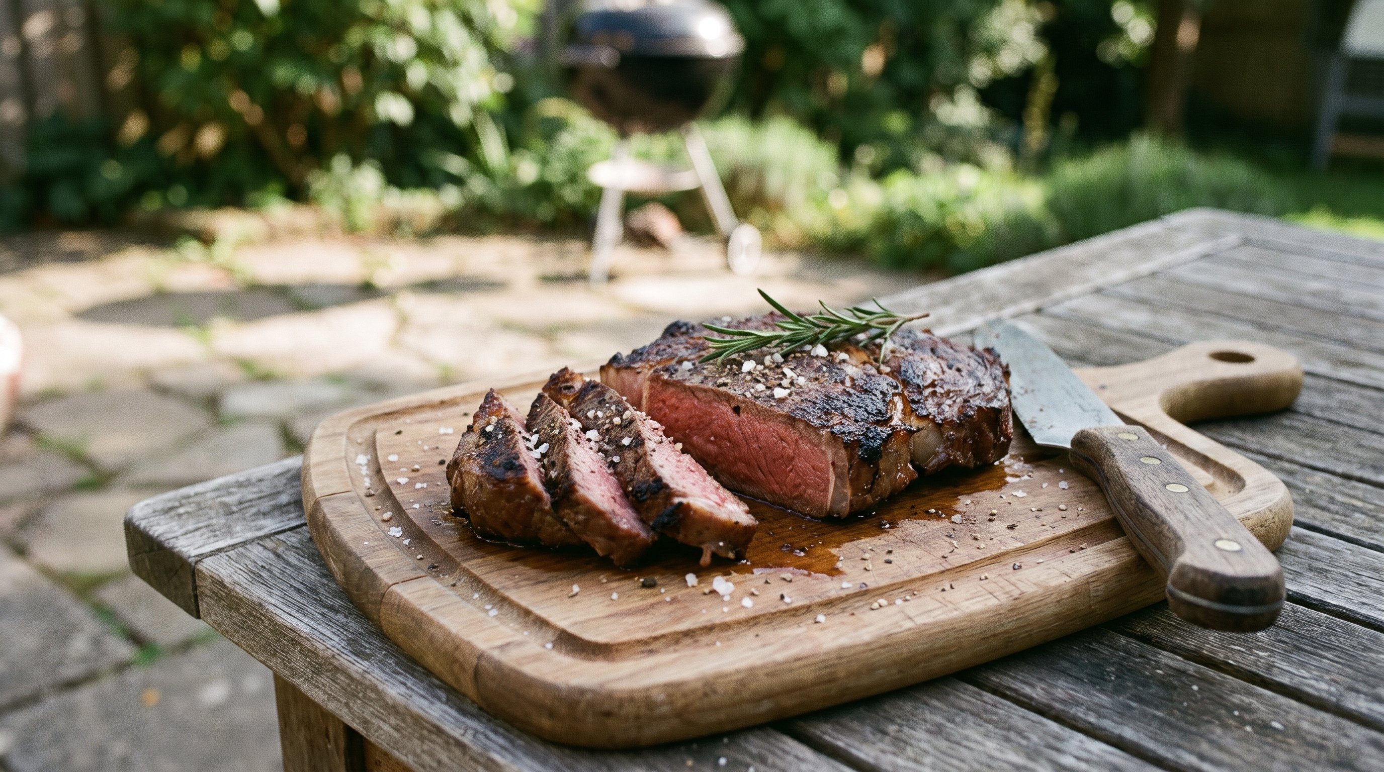 A sliced grilled steak on a board ready to eat on a backyard wooden table