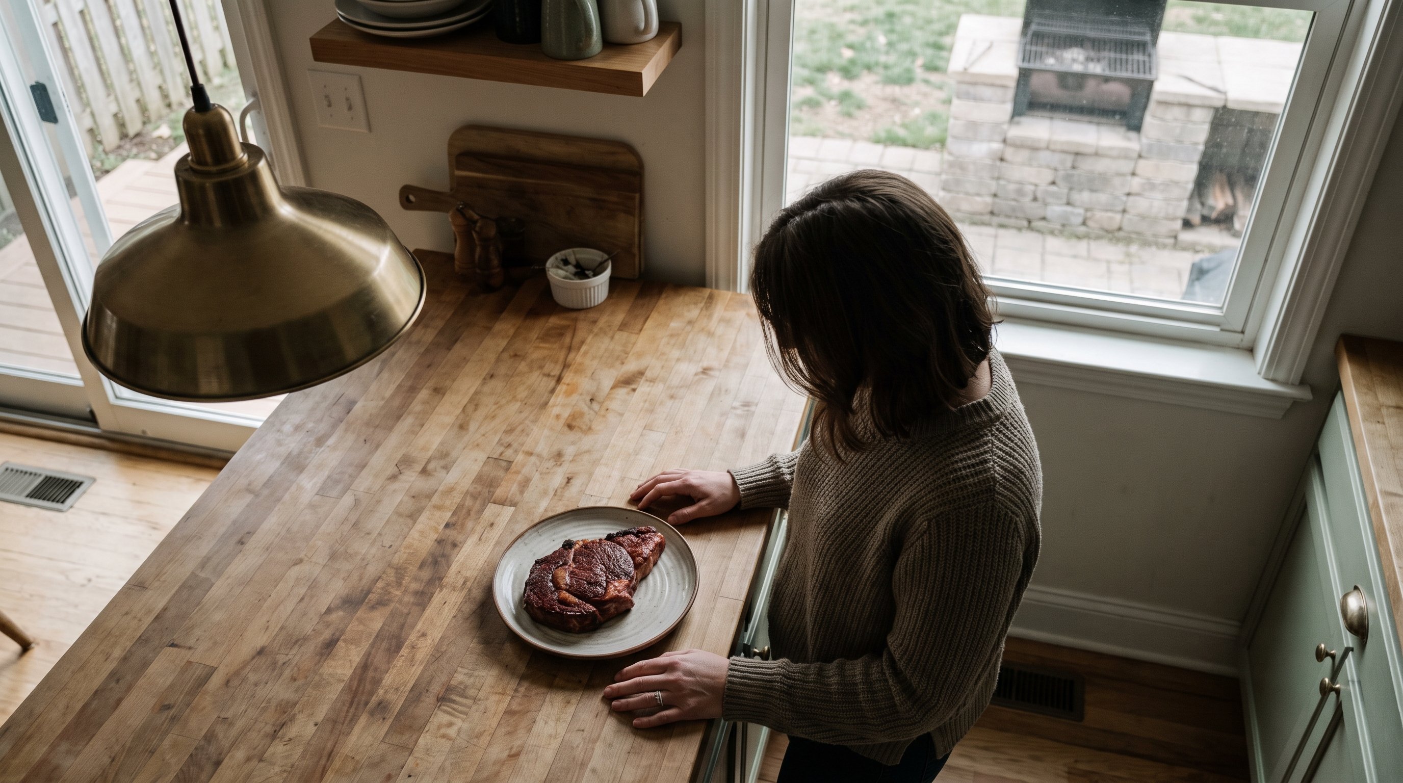 woman estimating a portion of meat on a plate at home