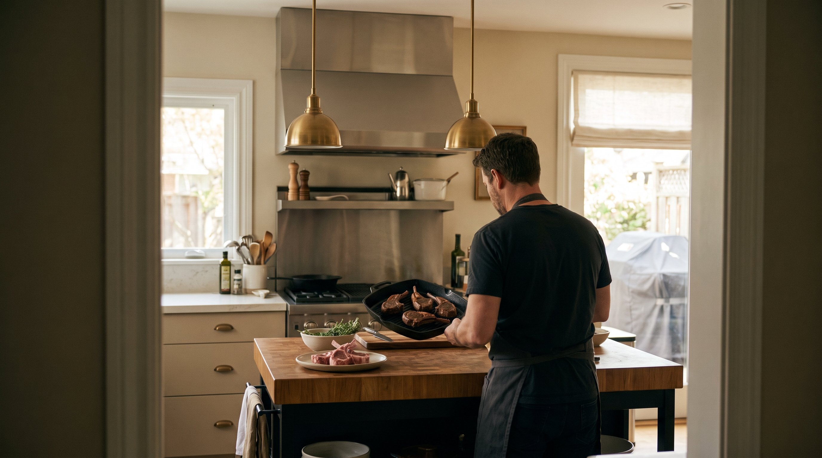 A man in his late 30s cooking grilled lamb chops in a warm home kitchen