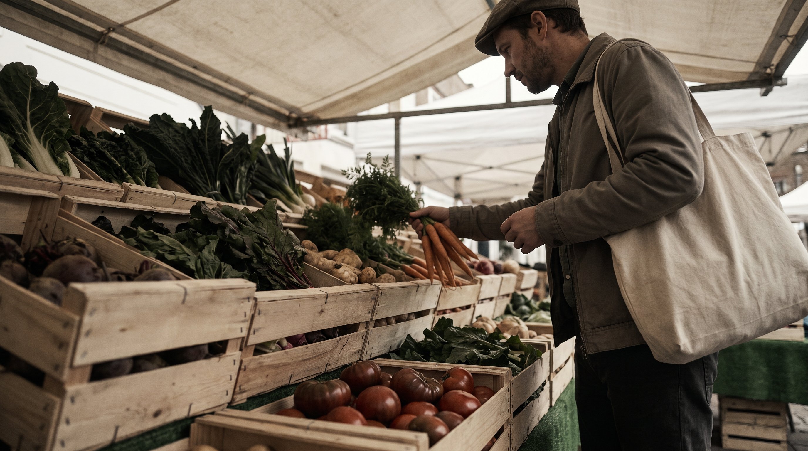A man in his late 30s shopping for fresh produce at a market stall