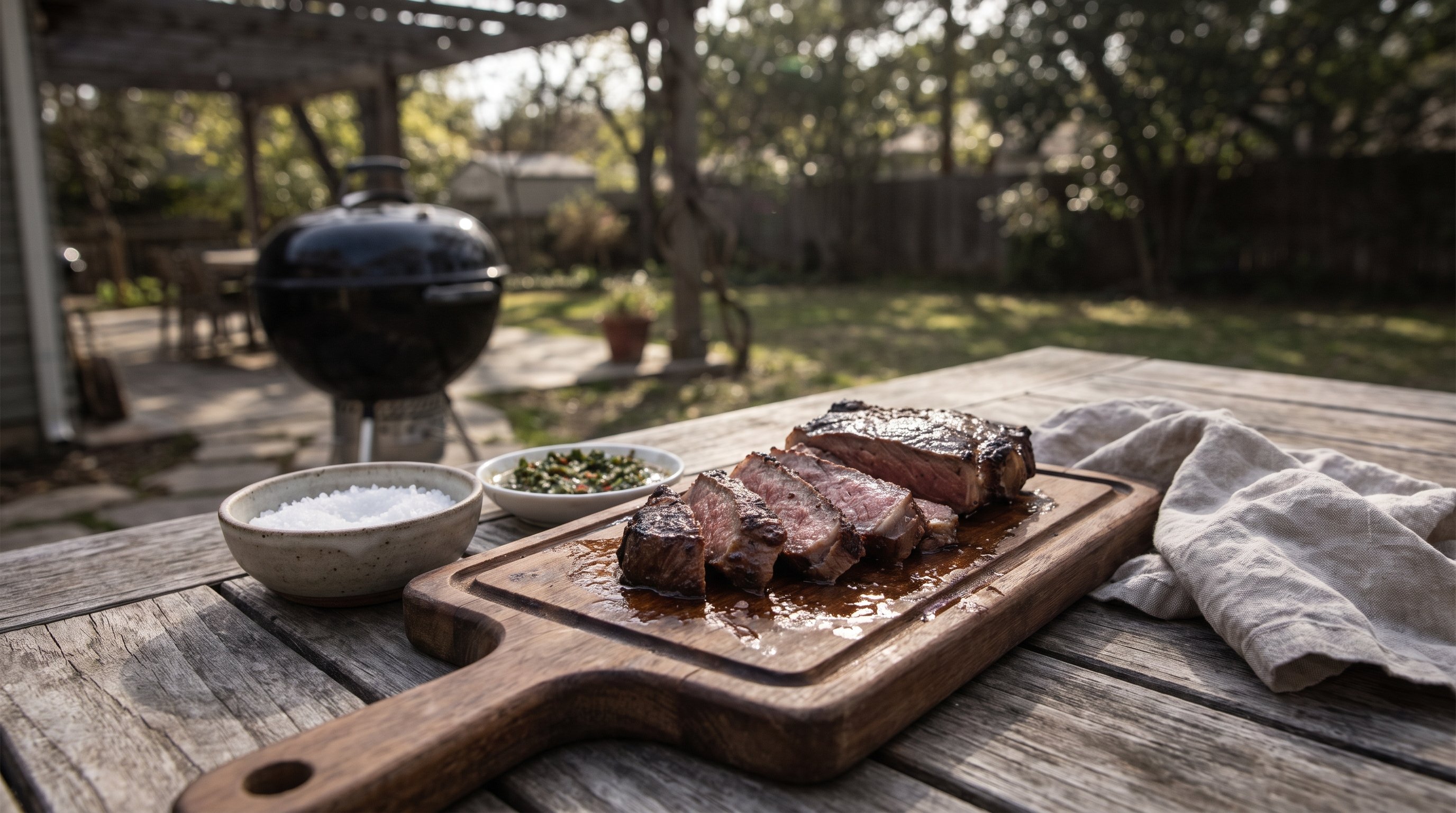 A sliced grilled steak on a board on a backyard wooden table