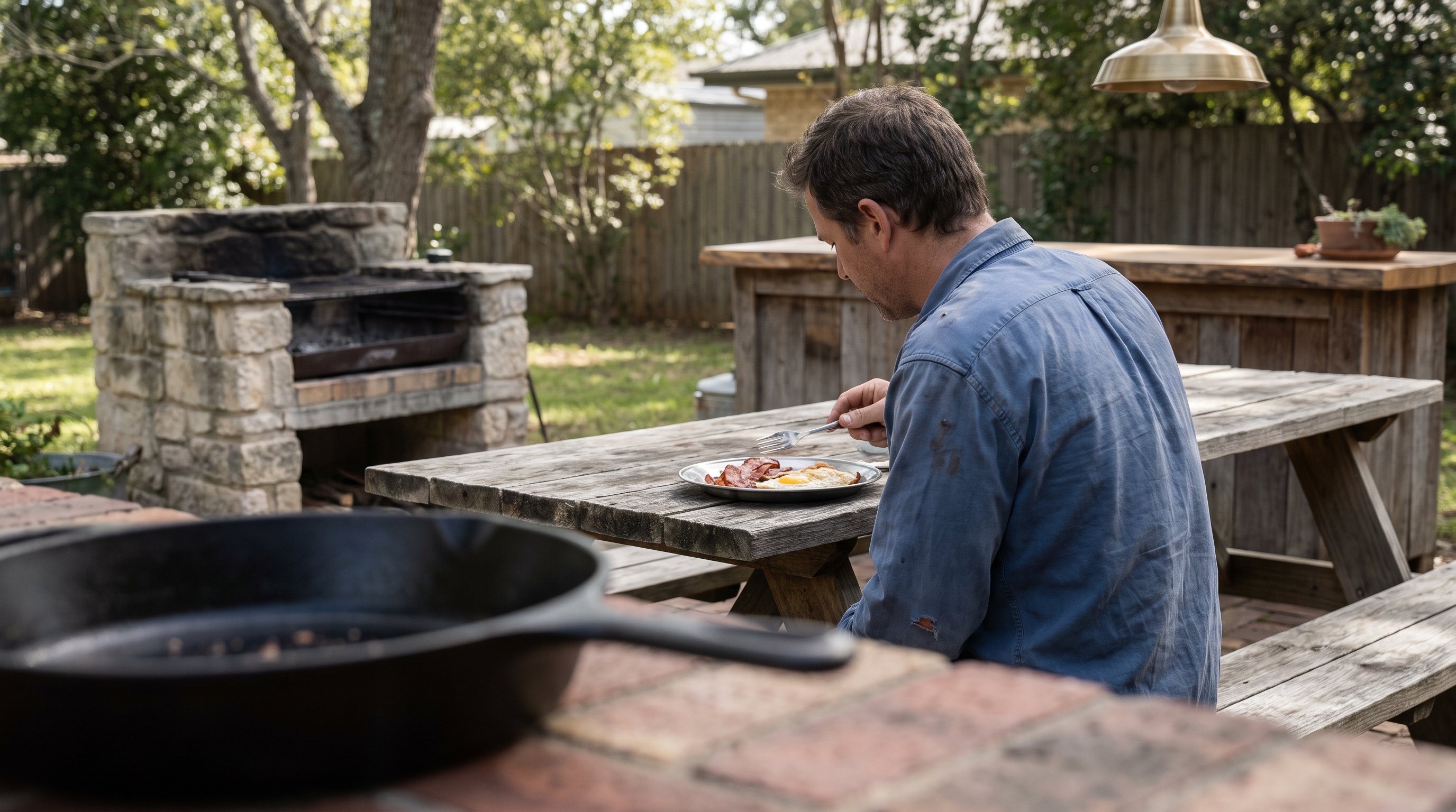 A man in his late 30s enjoying pan-fried eggs and bacon at a backyard wooden table