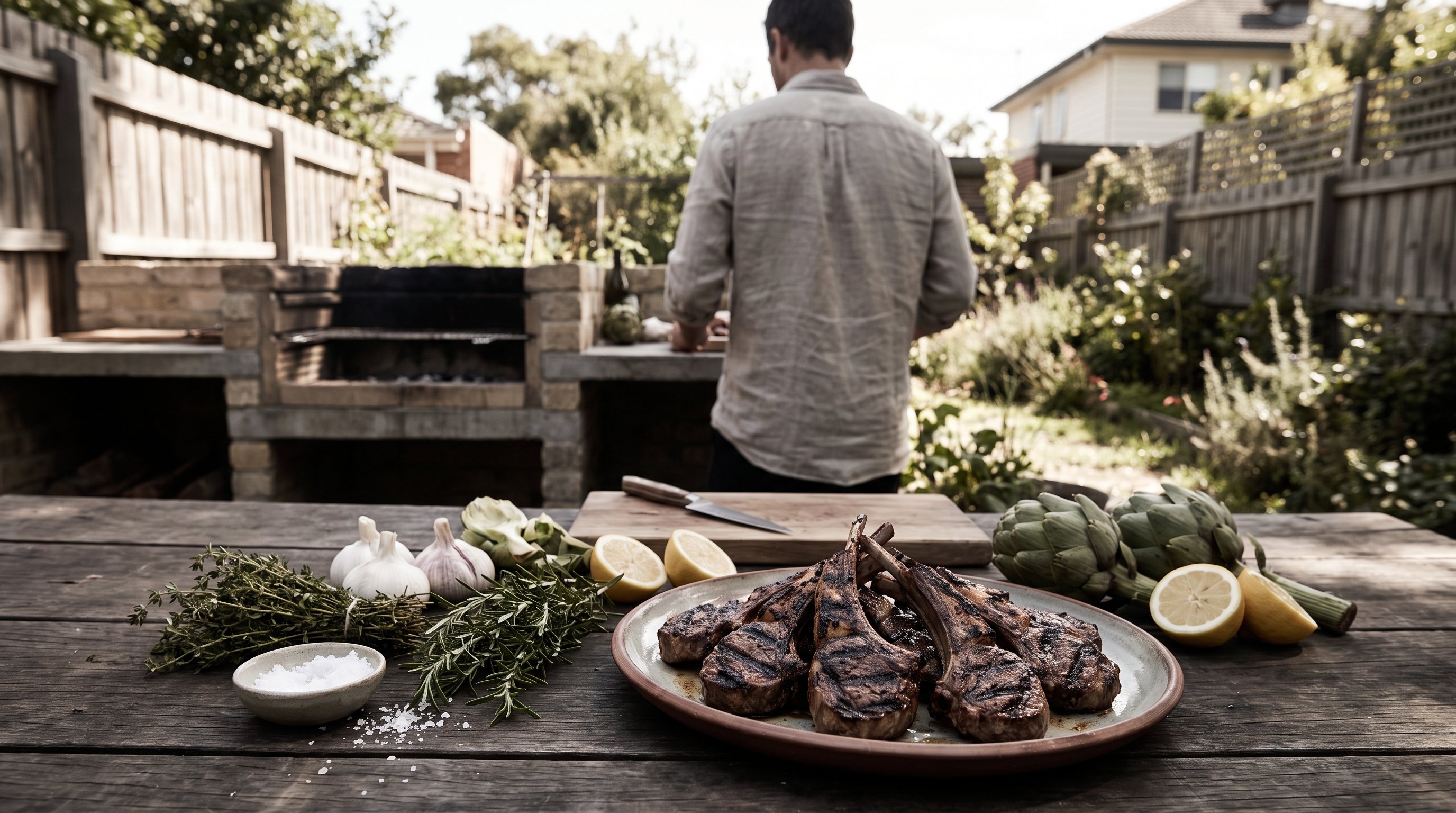 Grilled lamb chops beside fresh ingredients on a backyard wooden table