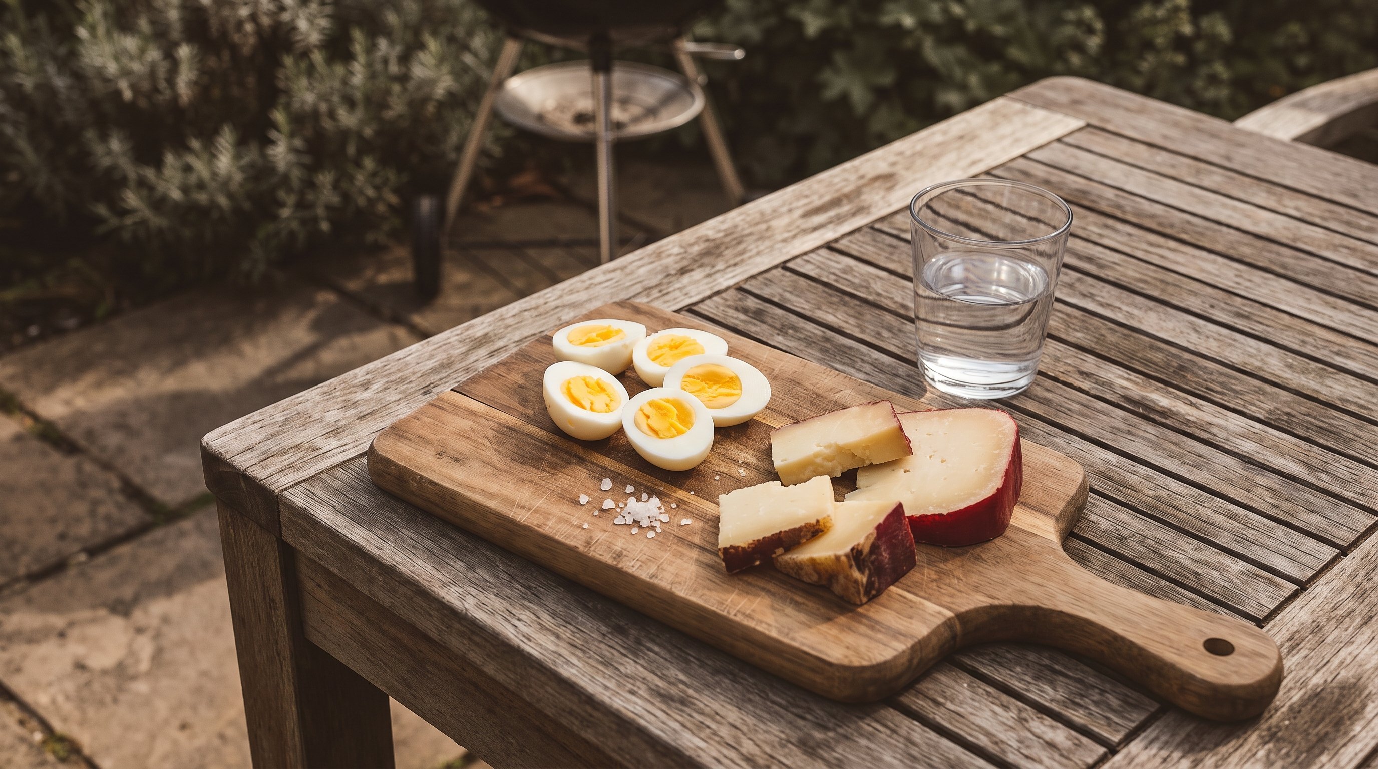 sliced cheese and boiled eggs arranged on a wooden board
