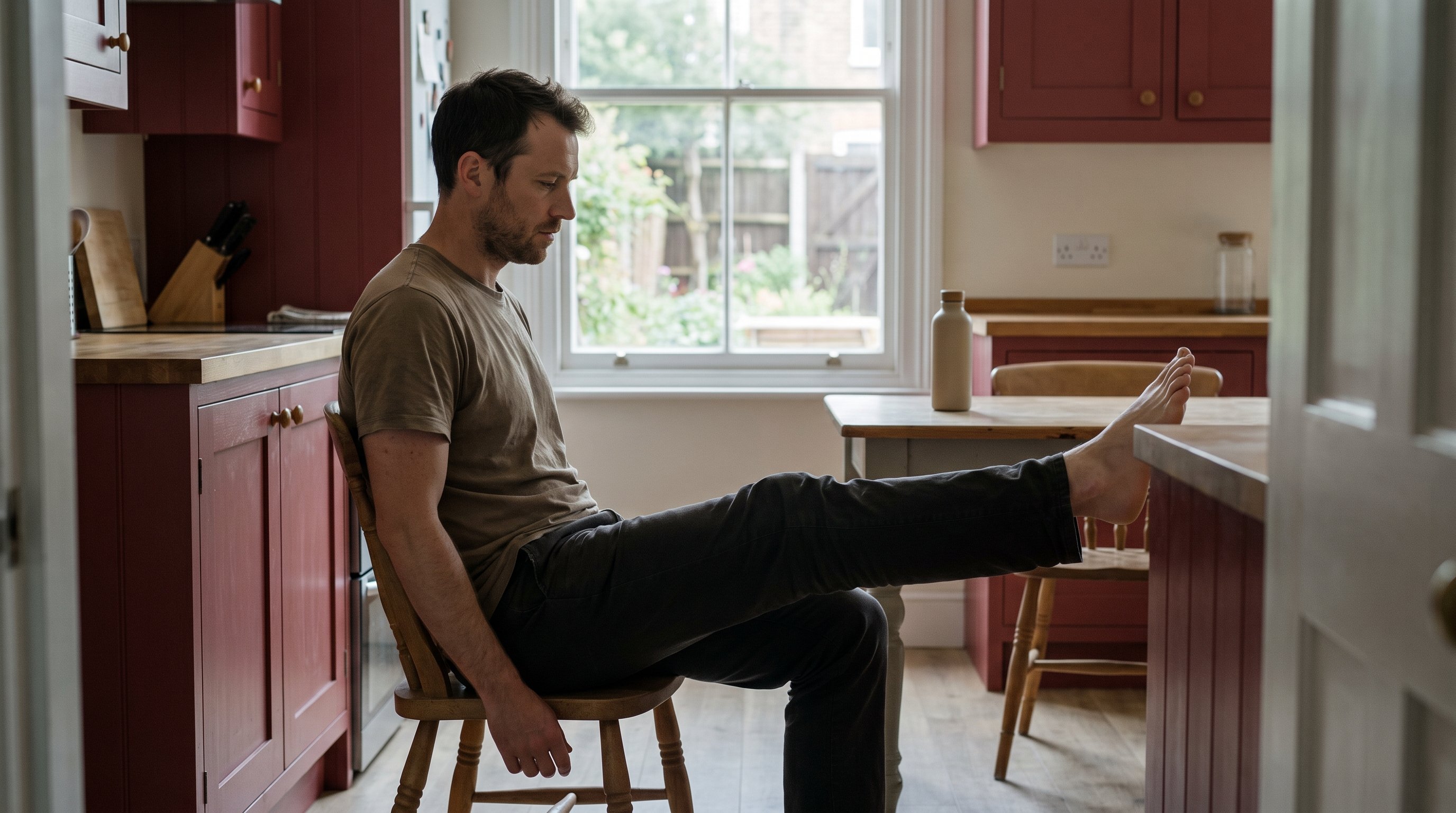 older man doing a seated leg exercise in a living room