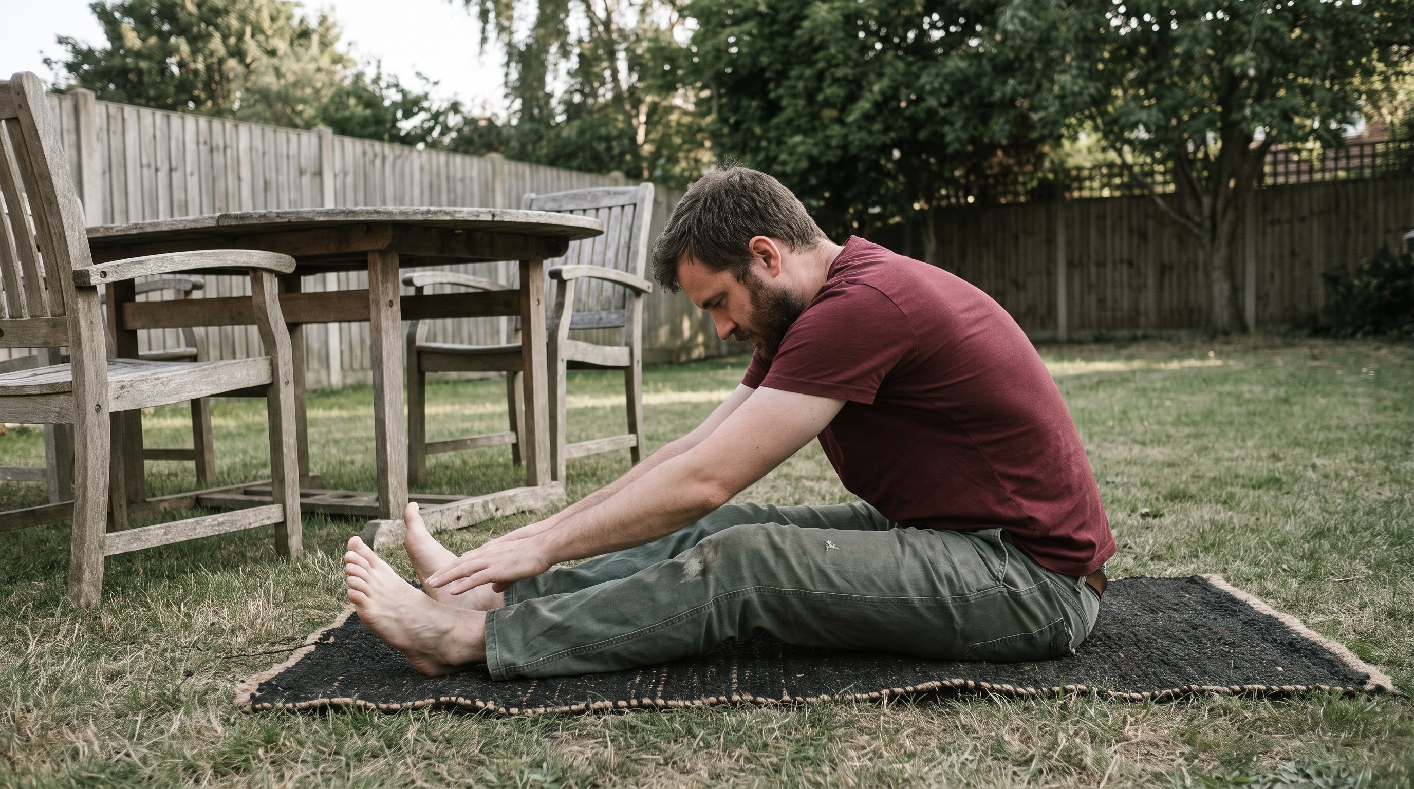 person doing a seated forward fold stretch on a yoga mat at home