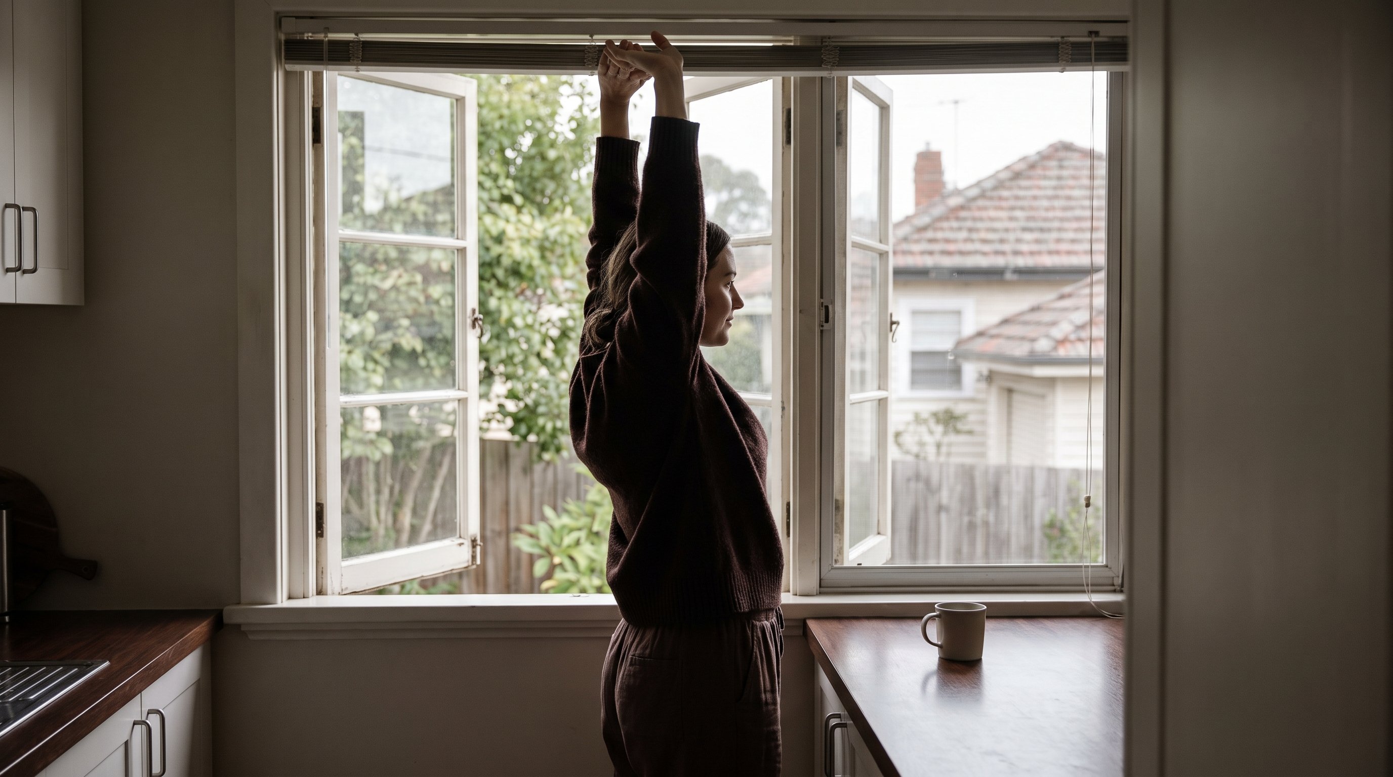 person stretching arms overhead beside an open window