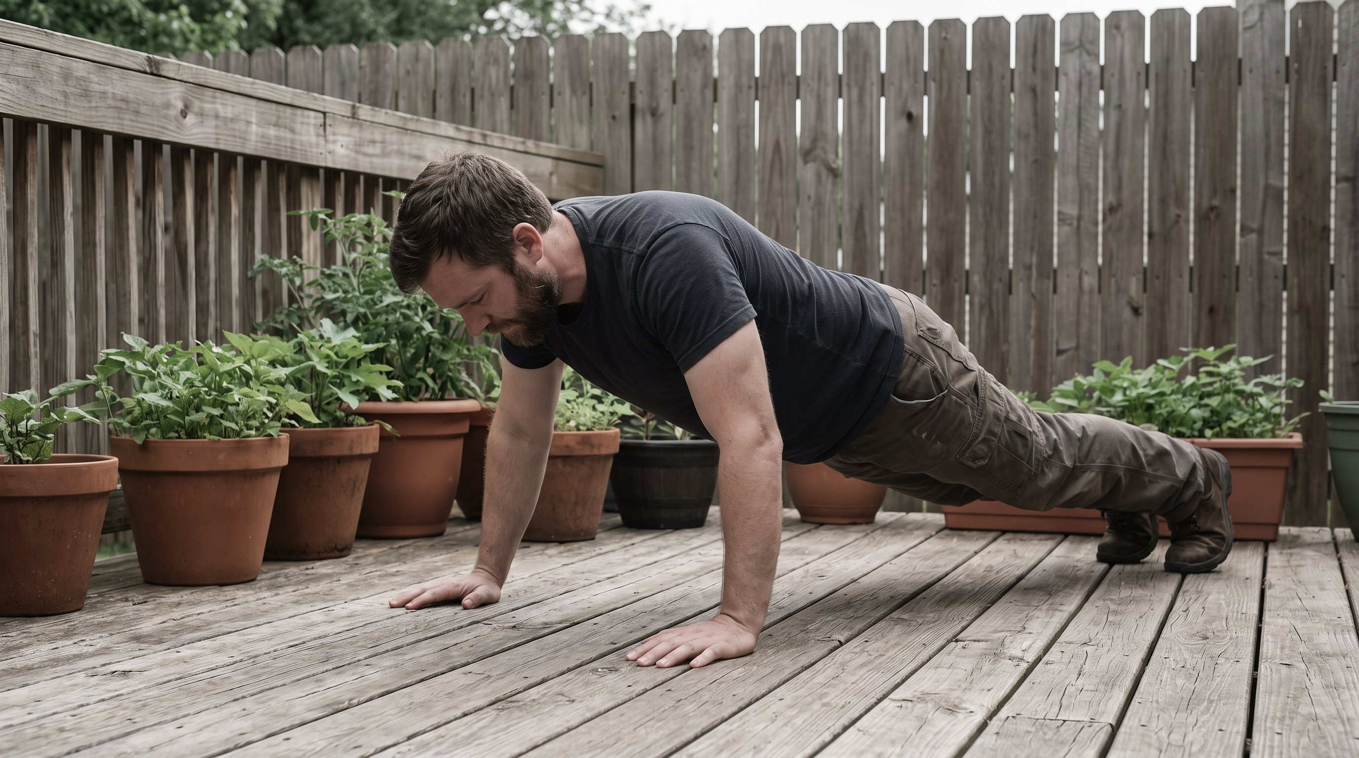 person doing a push up on a wooden floor