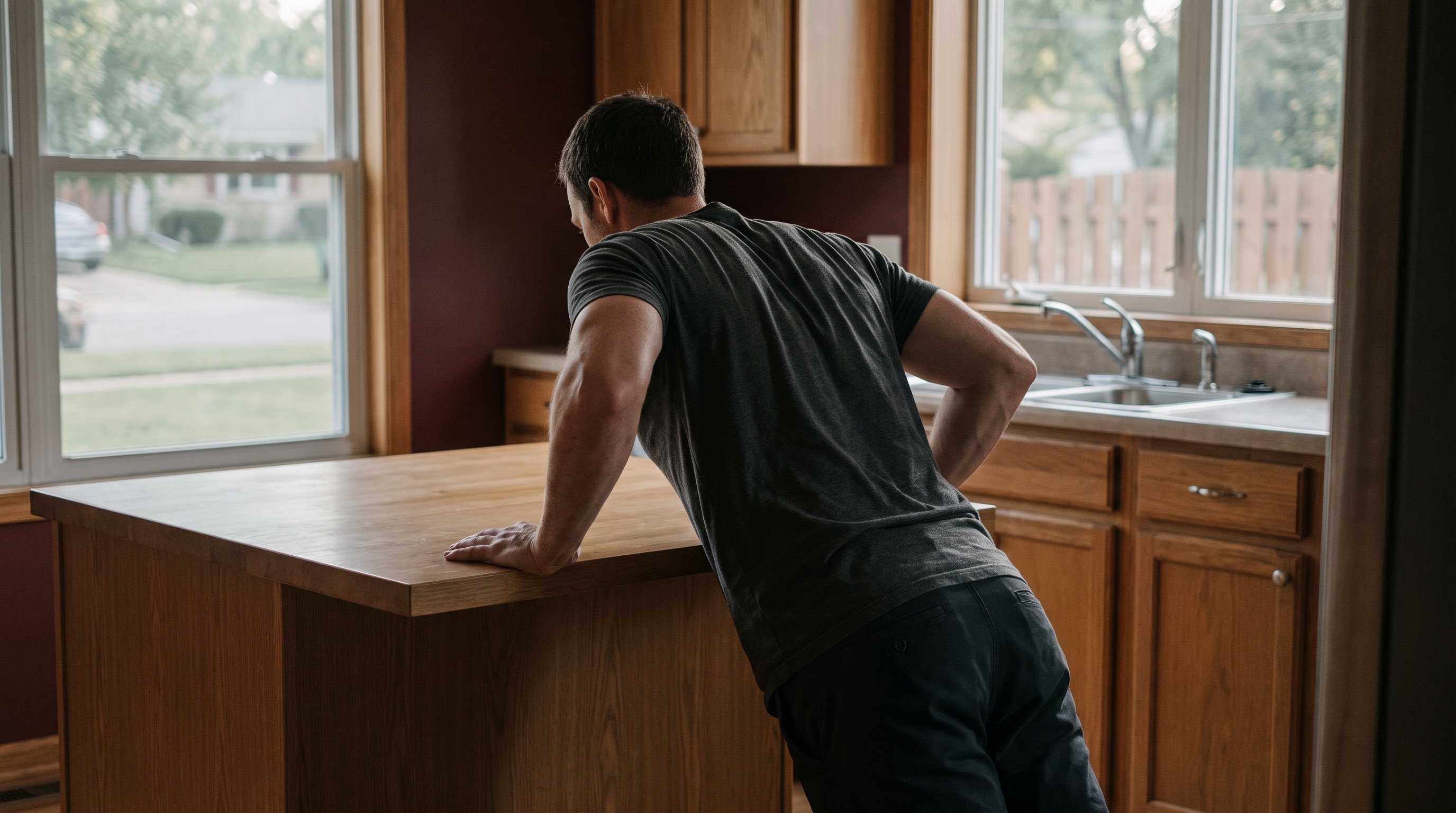 person doing an incline push up against a kitchen counter