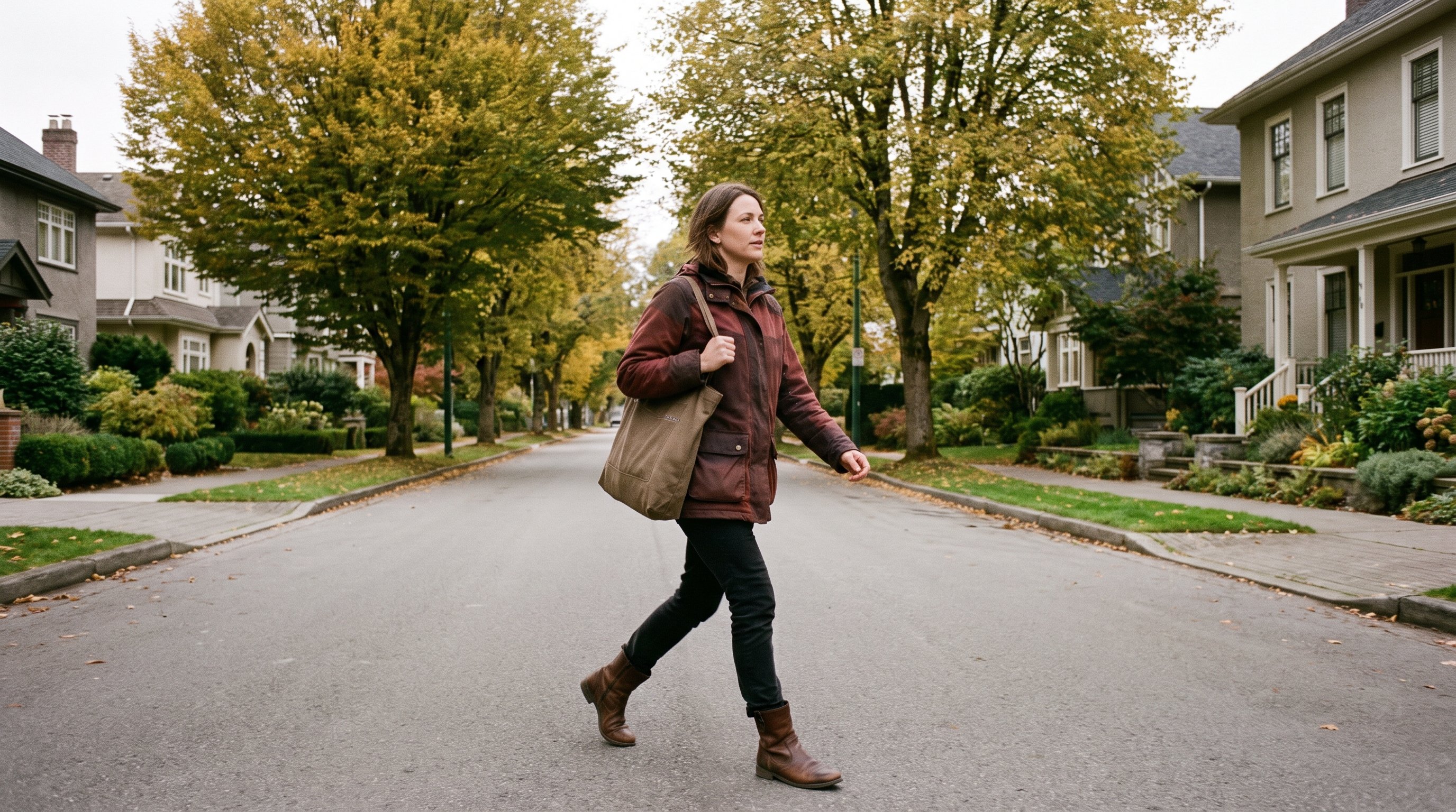 Person walking briskly along a tree-lined pavement in the morning