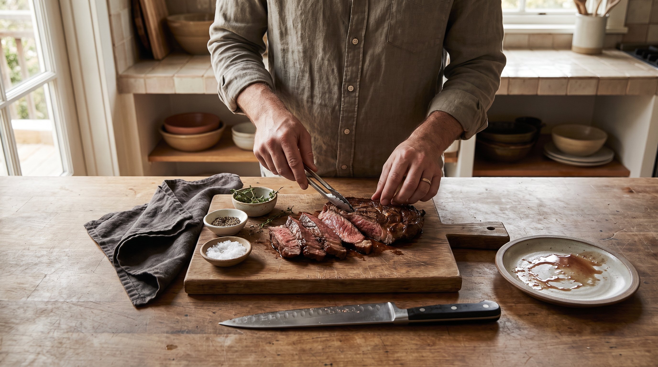 A man in his late 30s plating a sliced grilled steak on a board in a warm home kitchen