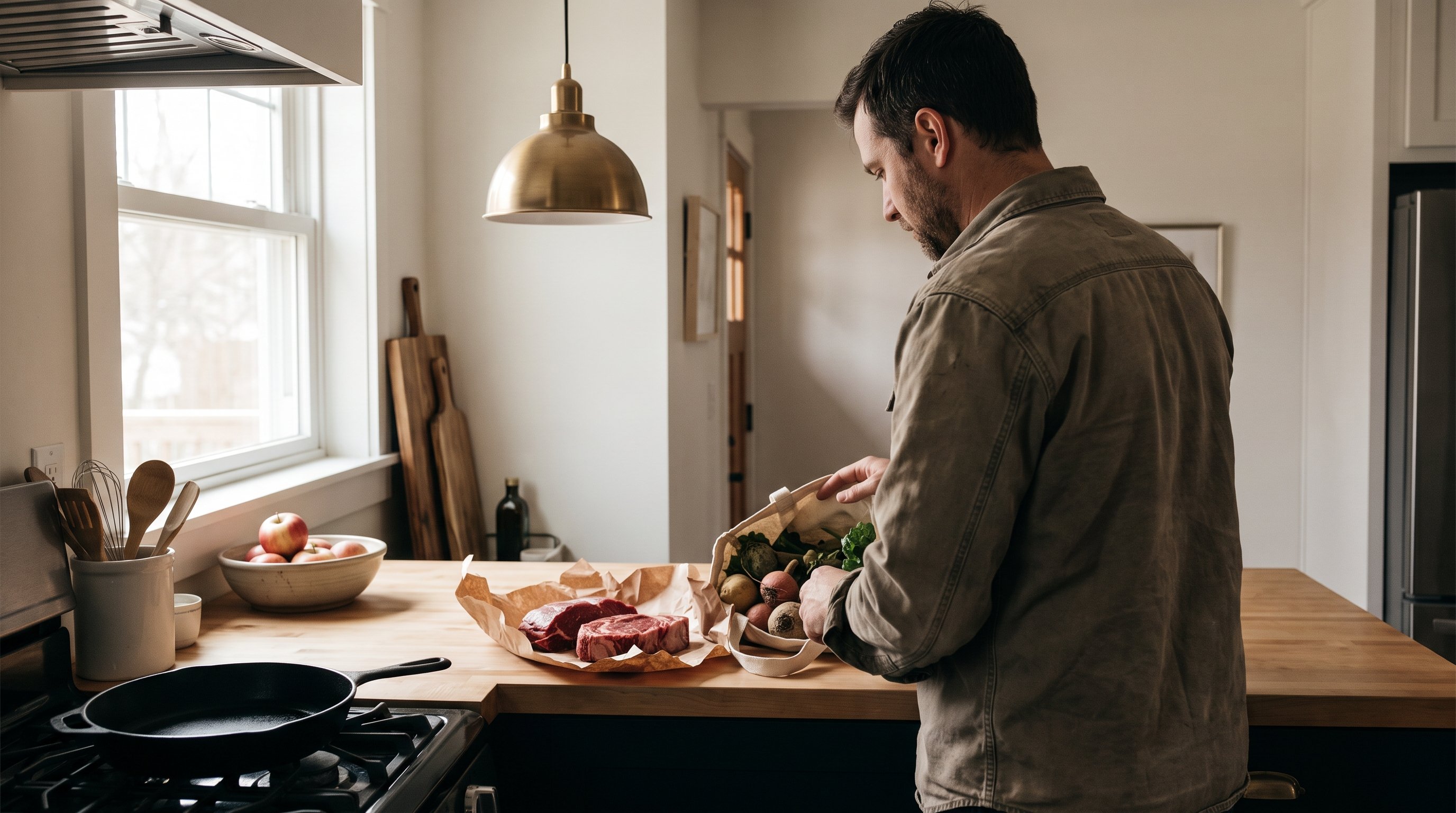 A man in his late 30s unpacking fresh groceries in a warm home kitchen
