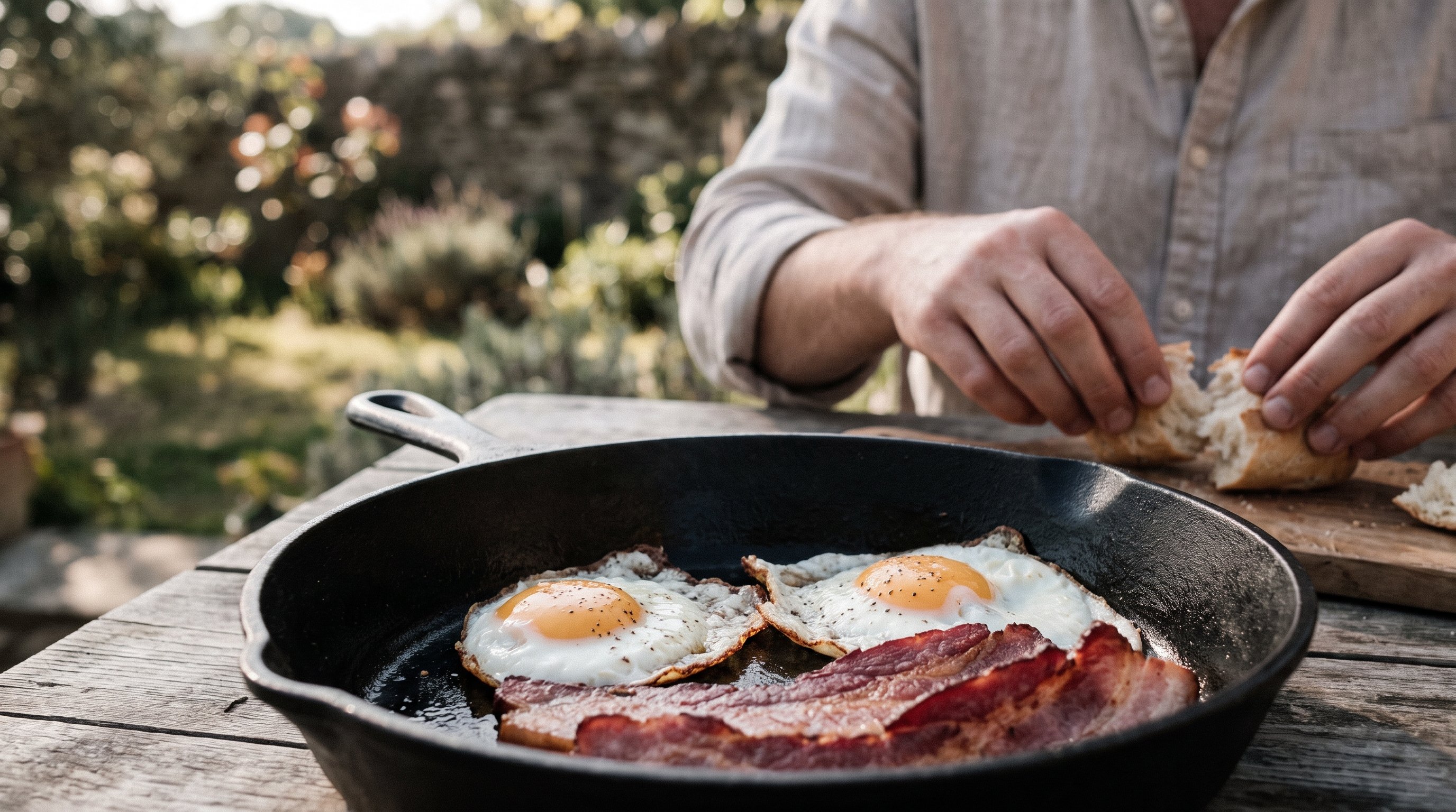 Pan-fried eggs and bacon on a backyard wooden table
