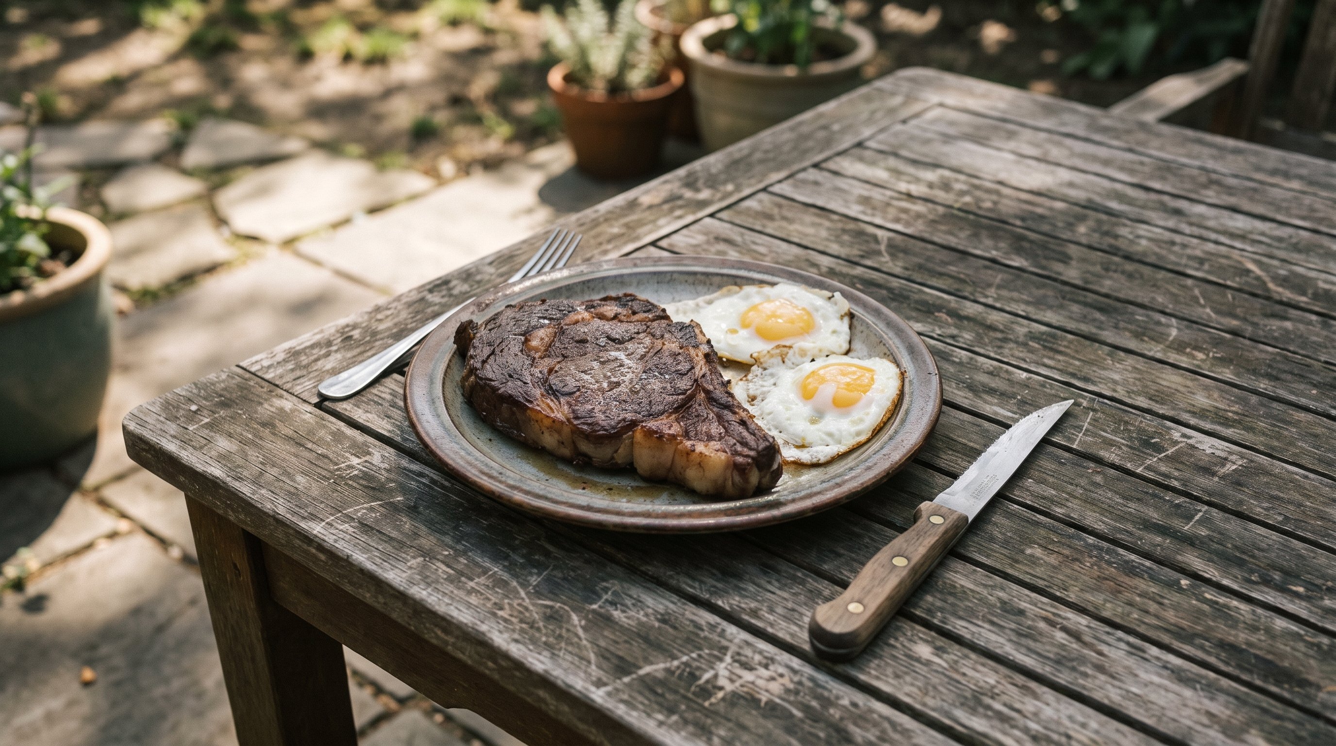 plate of steak and eggs on wooden table