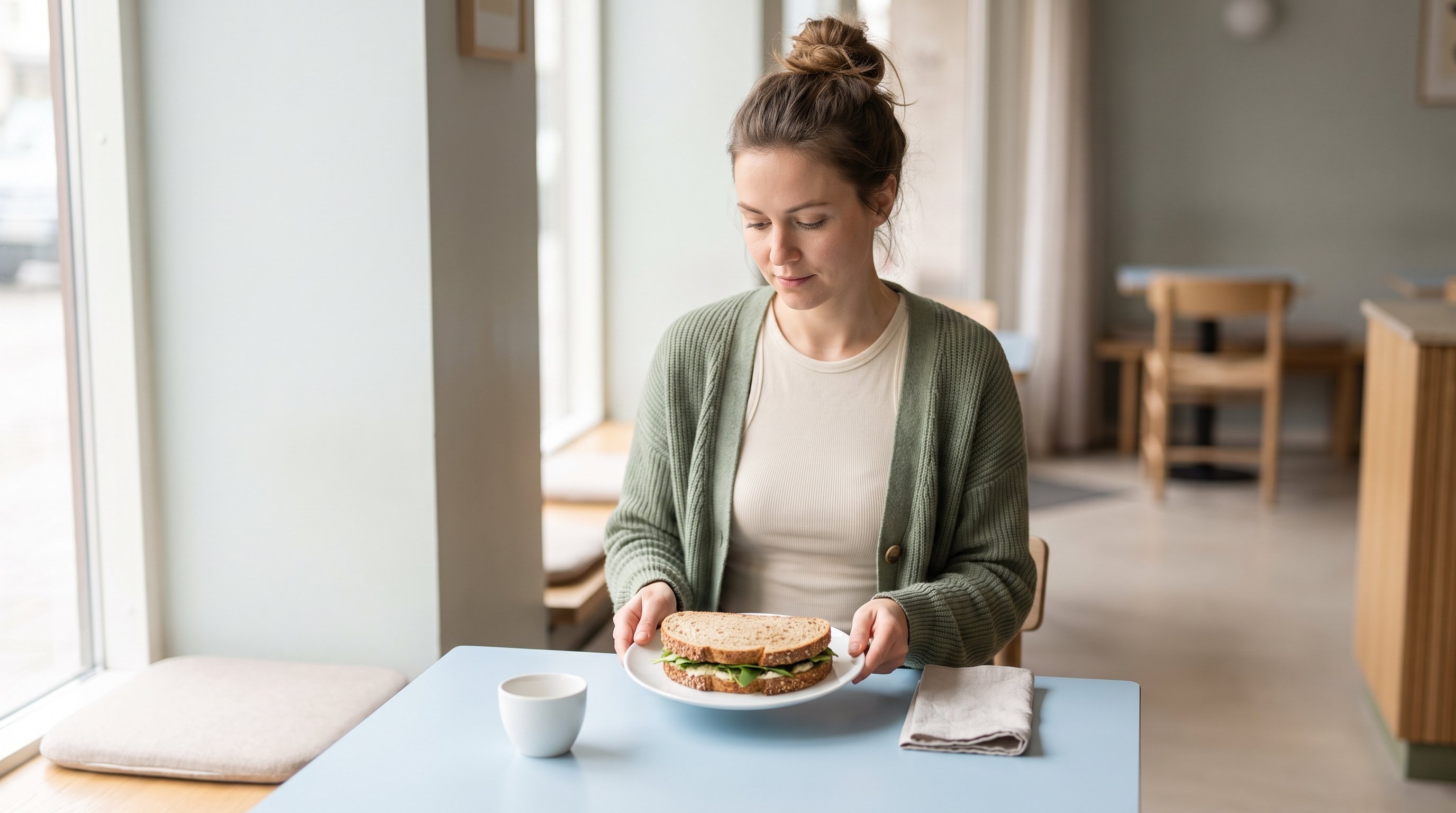 person swapping white bread for wholegrain bread in a kitchen