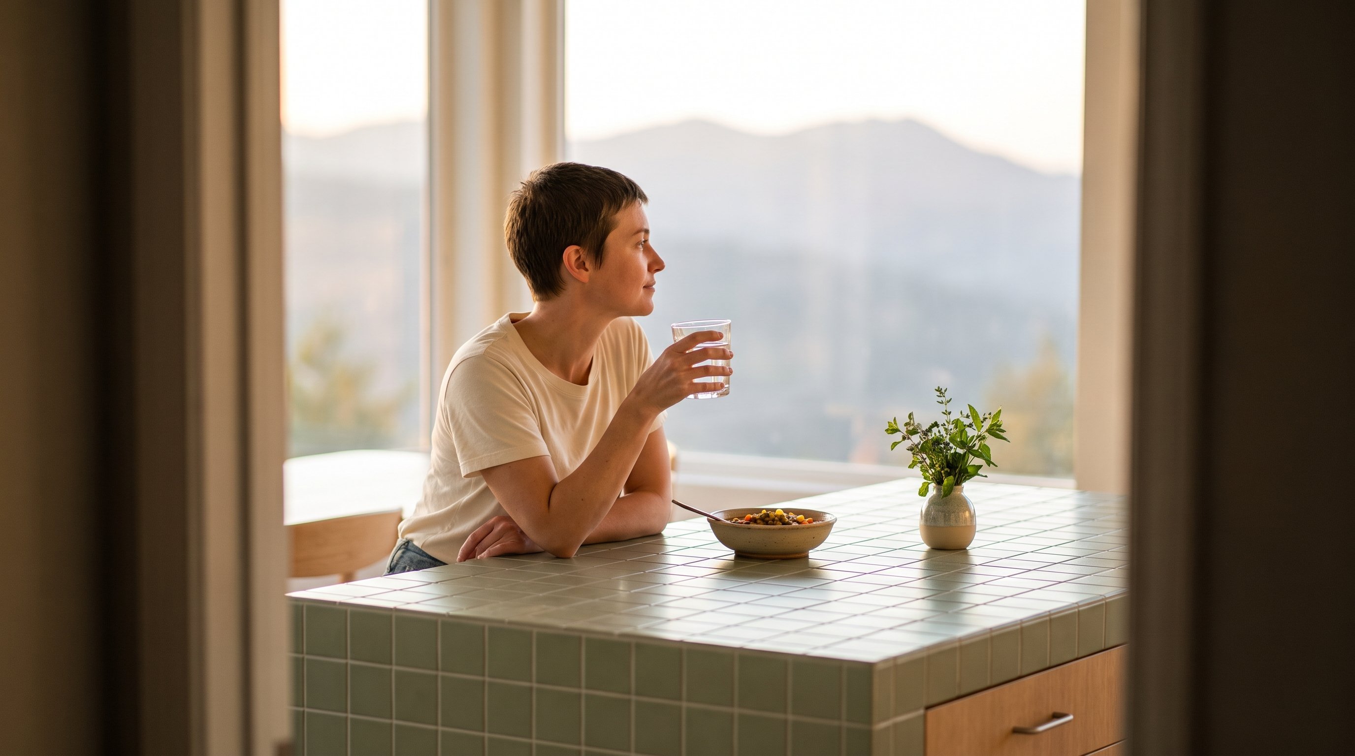 A calm woman in her 30s in a cozy knit relaxing with a glass of water after a meal at a window table with a mountain view