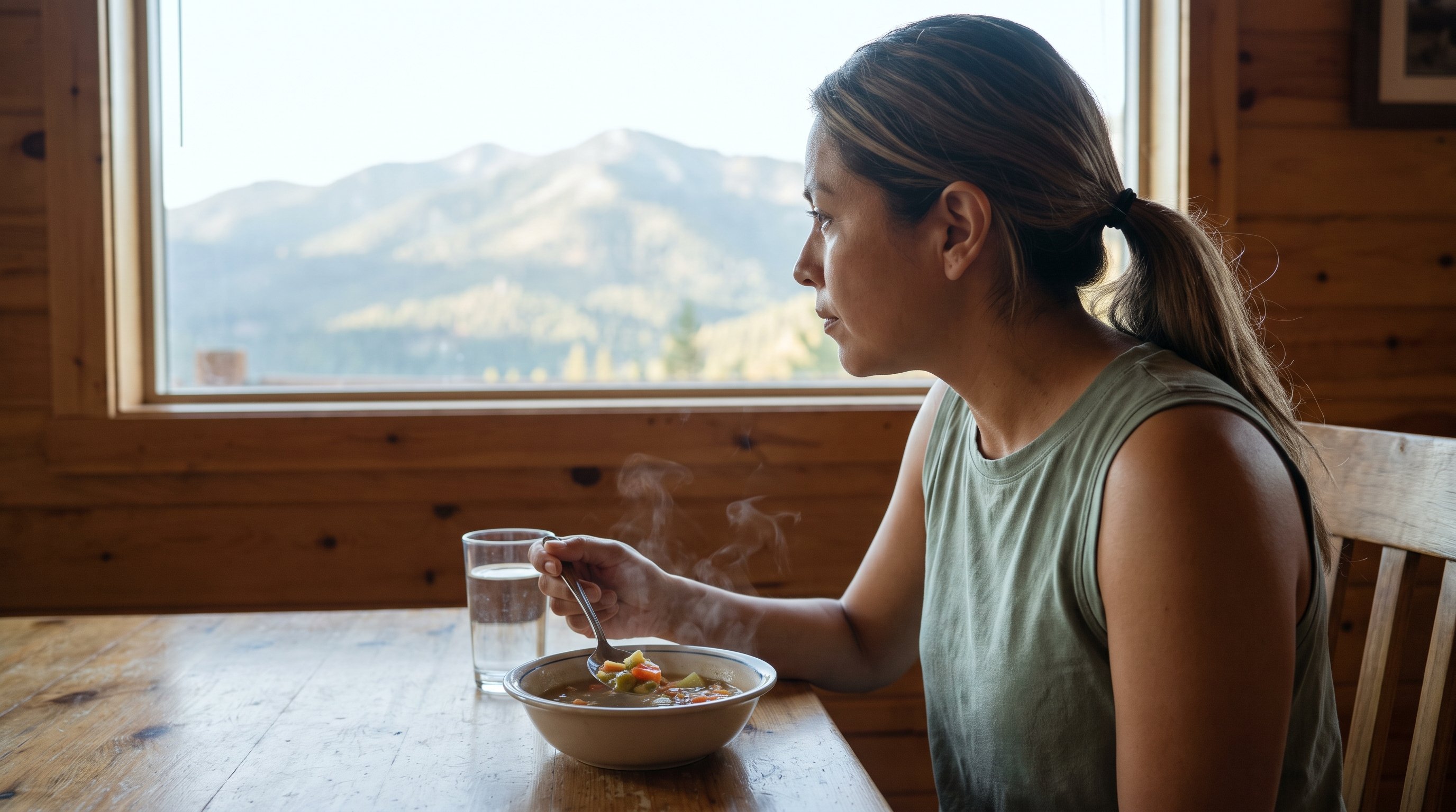 A warm vegetable soup served on a window table with a mountain view
