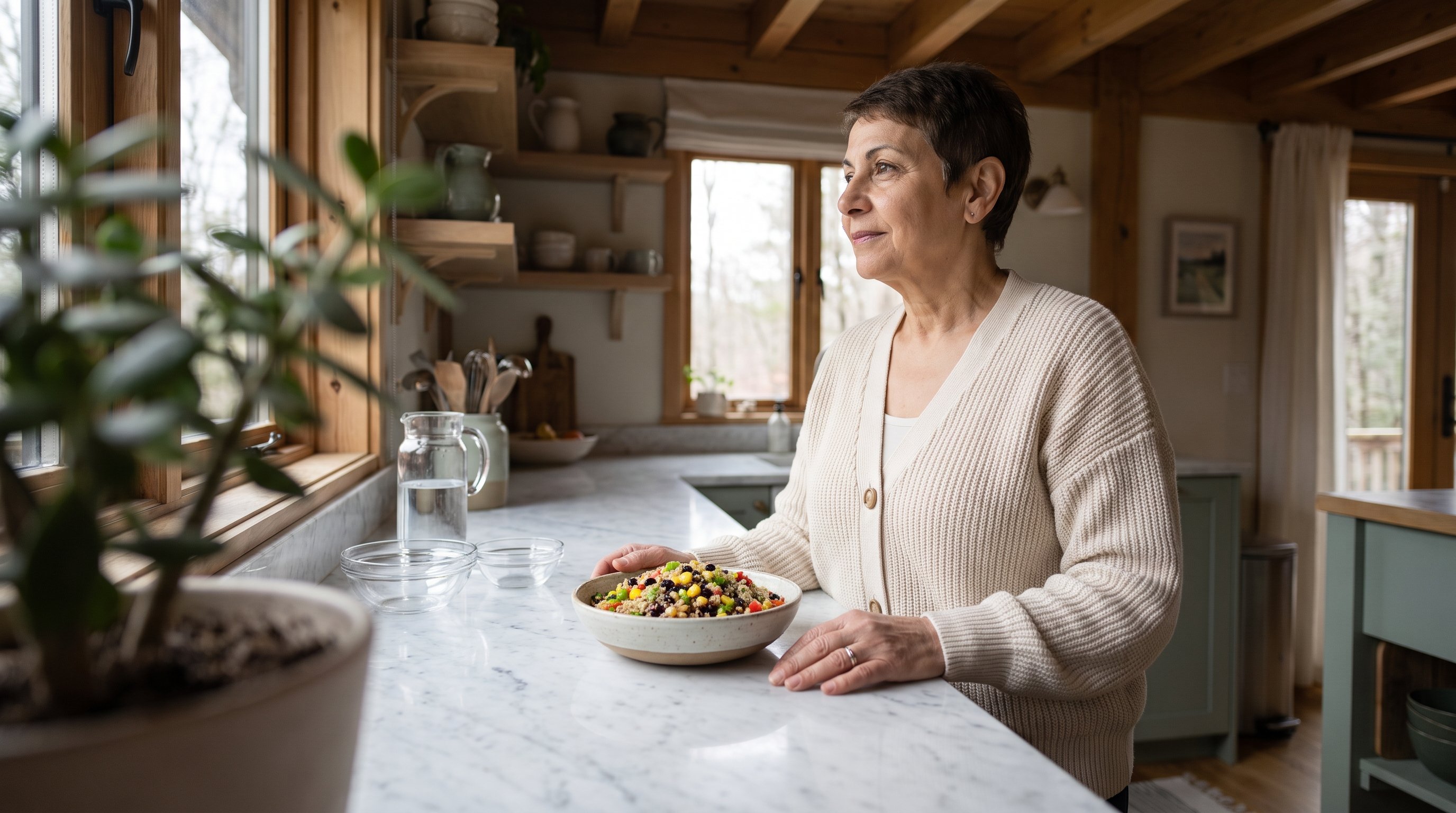 grain bowl with beans and vegetables on kitchen counter