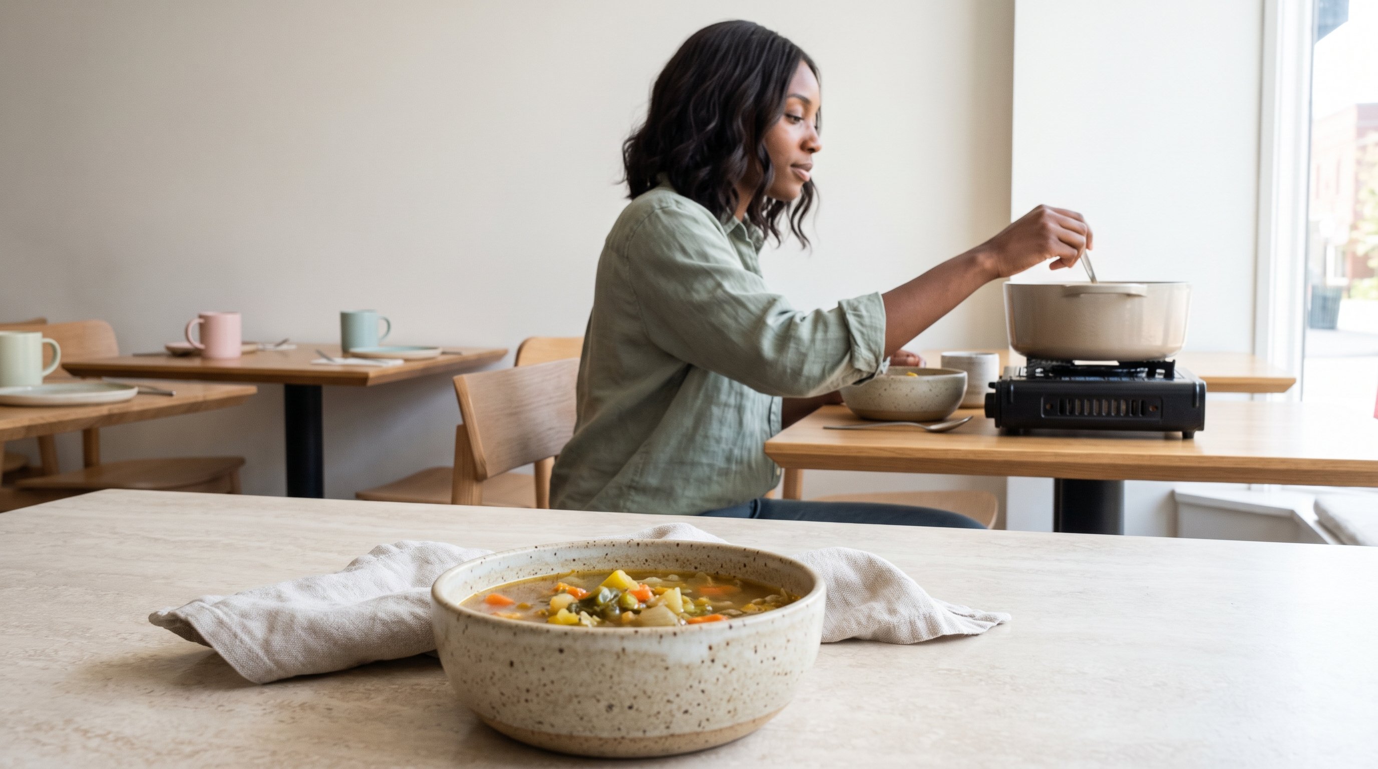 A calm woman in her 30s in a cozy knit preparing a warm vegetable soup in a bright wooden cabin kitchen